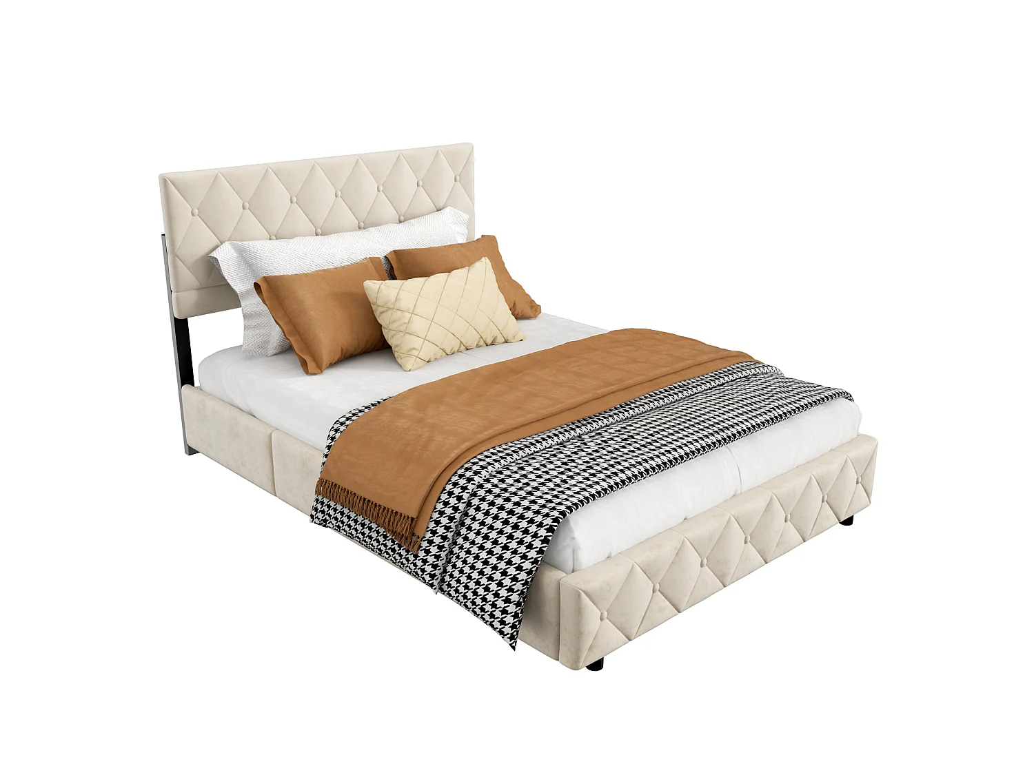 Lit coffre 140x200 cm avec ouverture hydraulique, sommier, grand espace de rangement, en velours beige, sans matelas