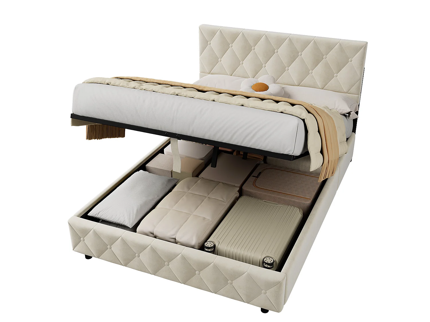 Lit coffre 140x200 cm avec ouverture hydraulique, sommier, grand espace de rangement, en velours beige, sans matelas