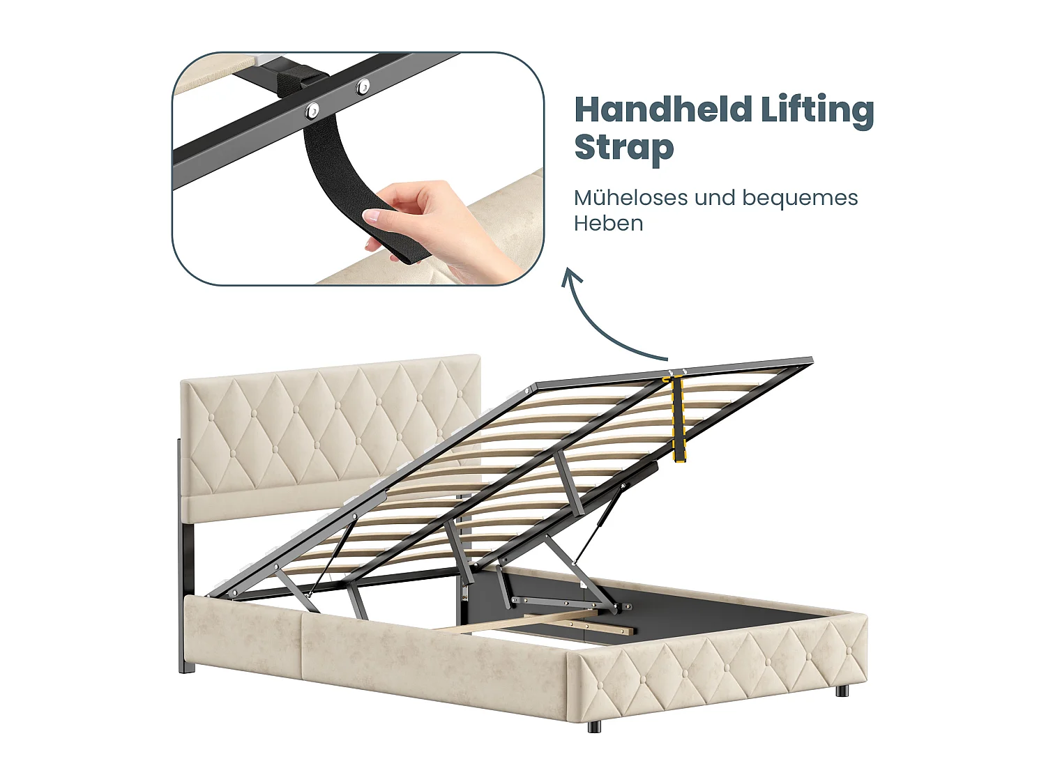 Lit coffre 140x200 cm avec ouverture hydraulique, sommier, grand espace de rangement, en velours beige, sans matelas