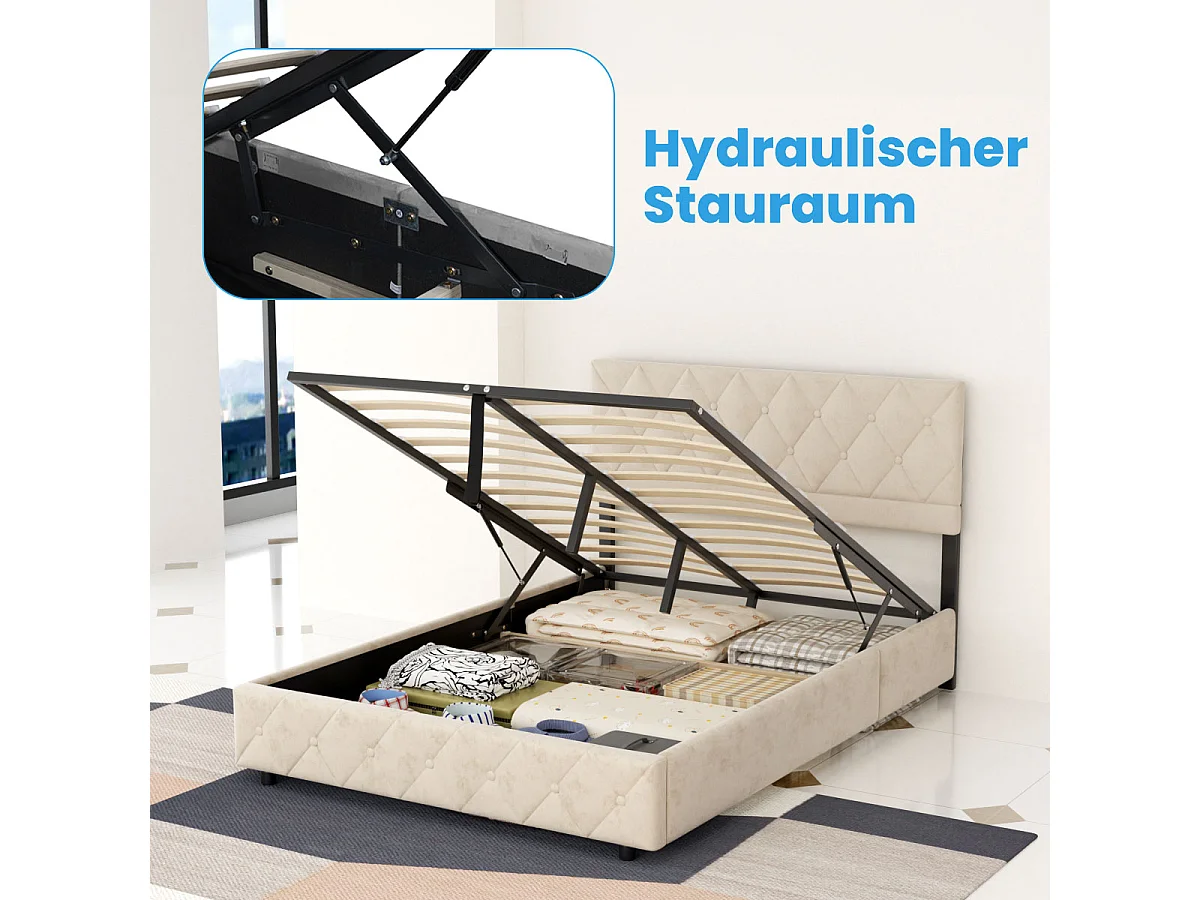 Lit coffre 140x200 cm avec ouverture hydraulique, sommier, grand espace de rangement, en velours beige, sans matelas
