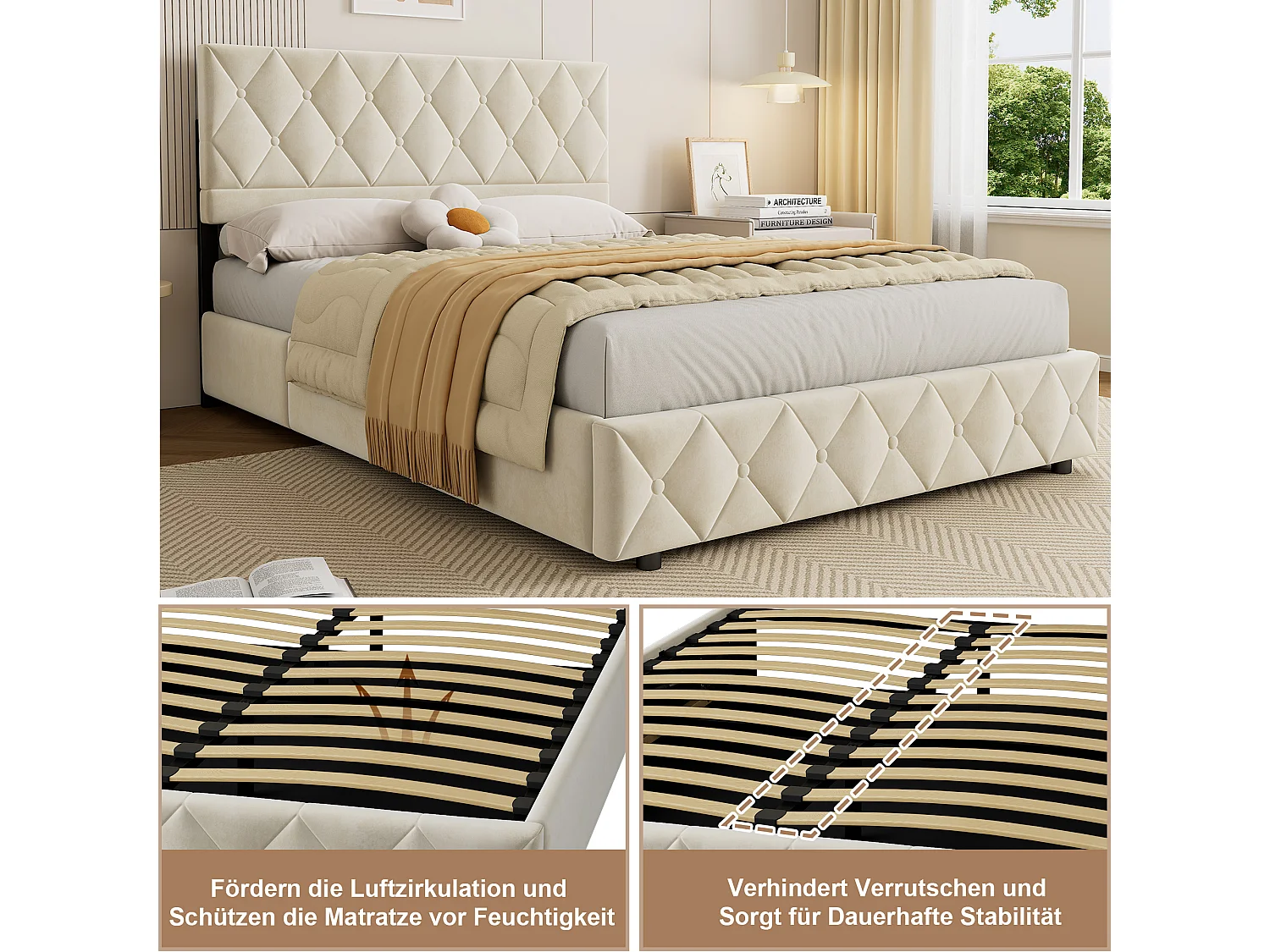 Lit coffre 140x200 cm avec ouverture hydraulique, sommier, grand espace de rangement, en velours beige, sans matelas