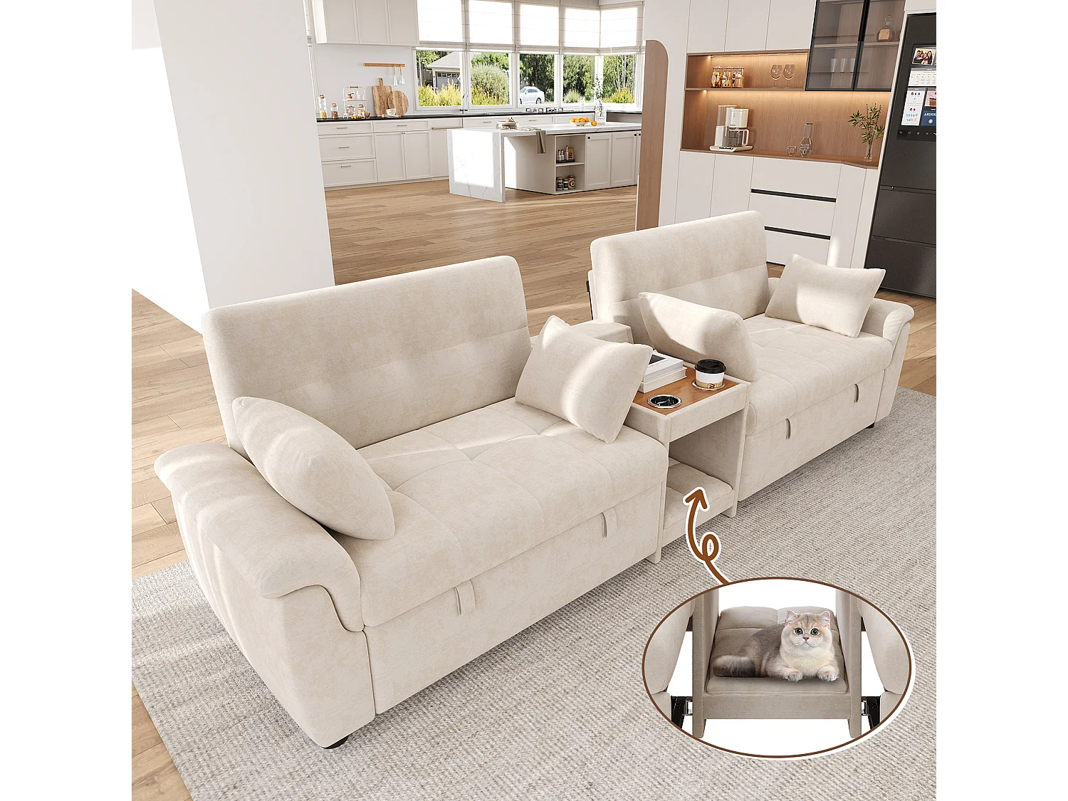 Canapé convertible extensible 4 places en chenille beige, dossier réglable, 4 coussins et porte‑gobelets