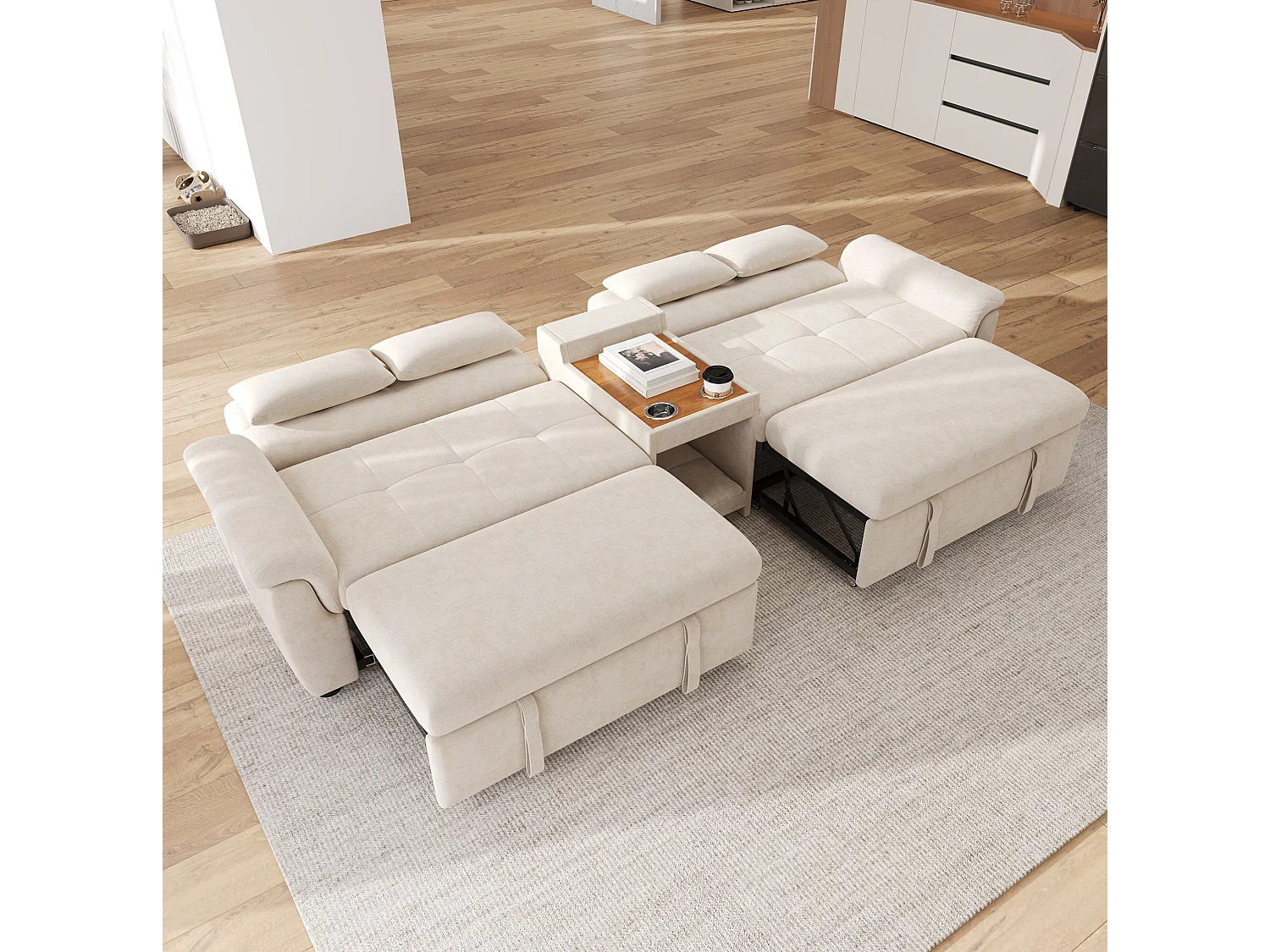 Canapé convertible extensible 4 places en chenille beige, dossier réglable, 4 coussins et porte‑gobelets