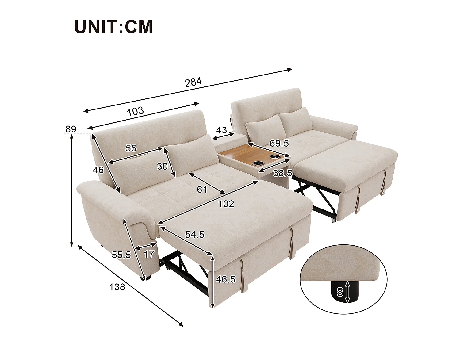 Canapé convertible extensible 4 places en chenille beige, dossier réglable, 4 coussins et porte‑gobelets