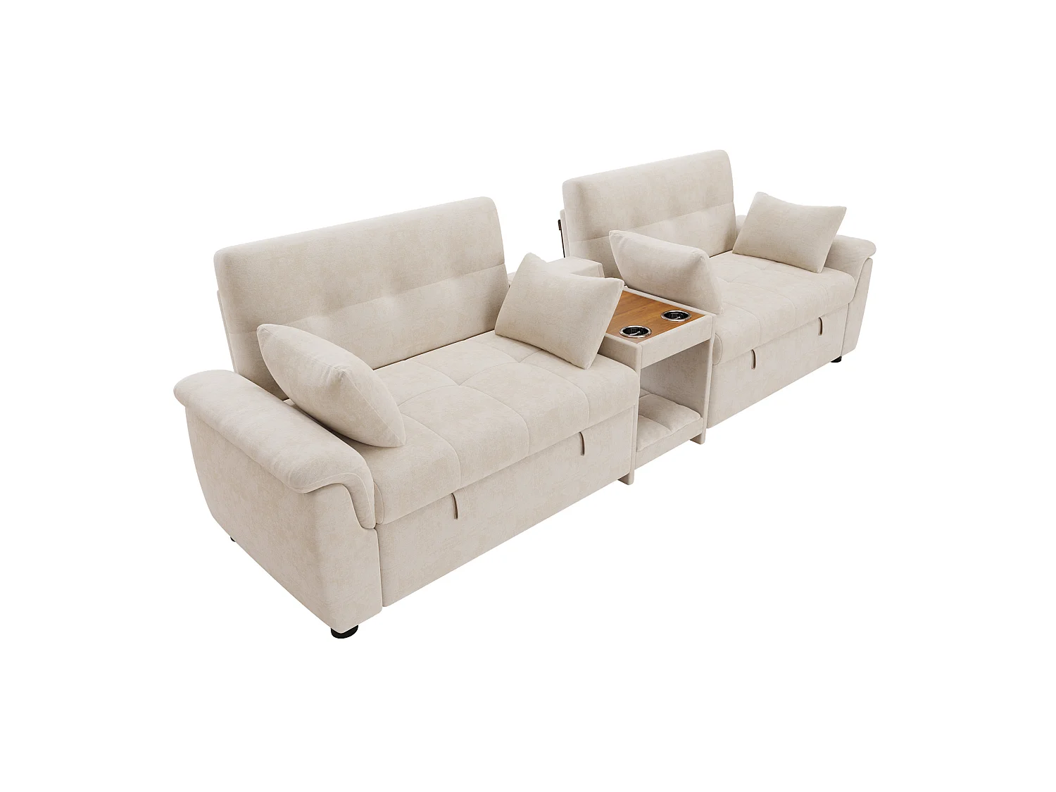 Canapé convertible extensible 4 places en chenille beige, dossier réglable, 4 coussins et porte‑gobelets