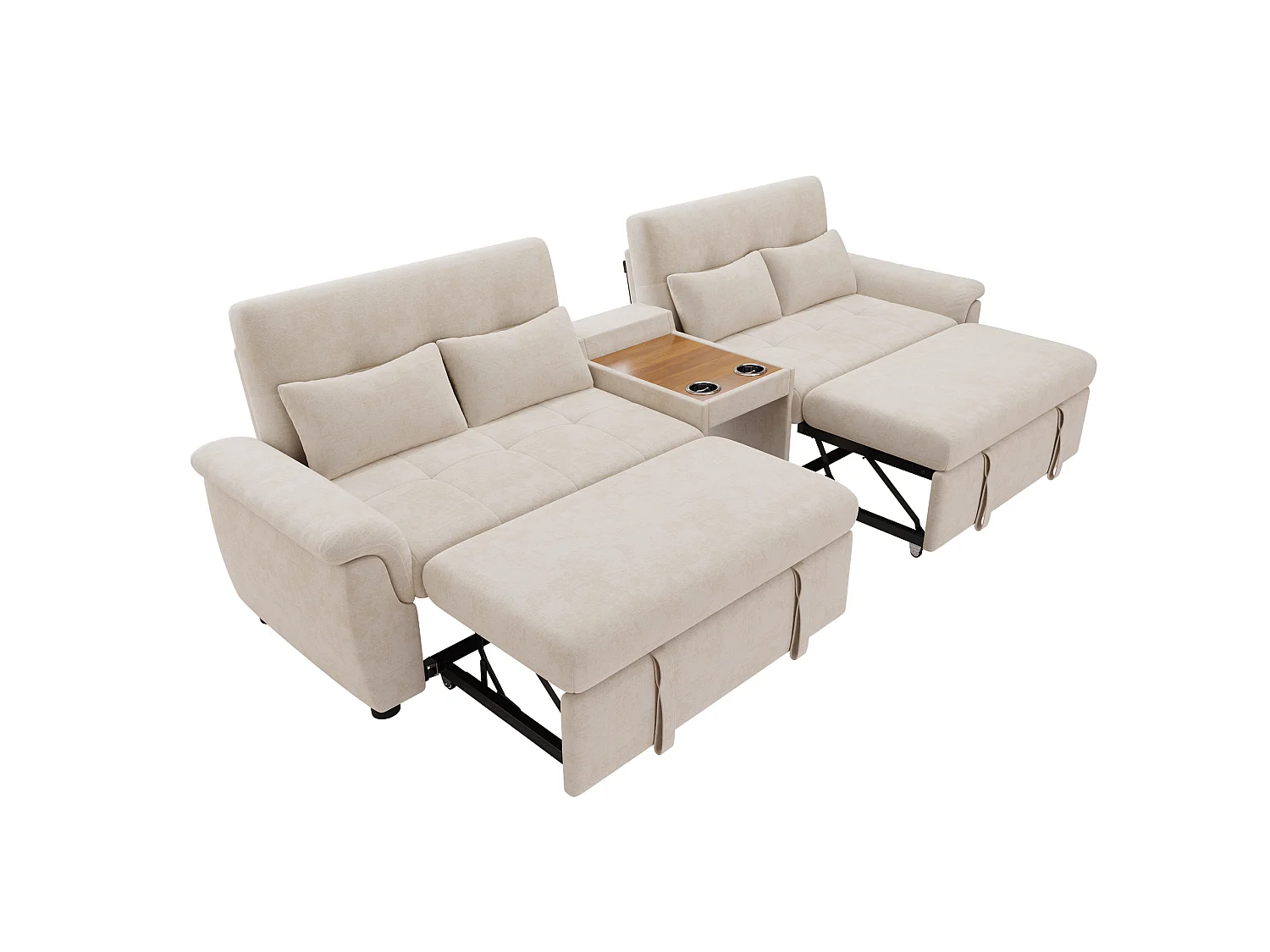 Canapé convertible extensible 4 places en chenille beige, dossier réglable, 4 coussins et porte‑gobelets