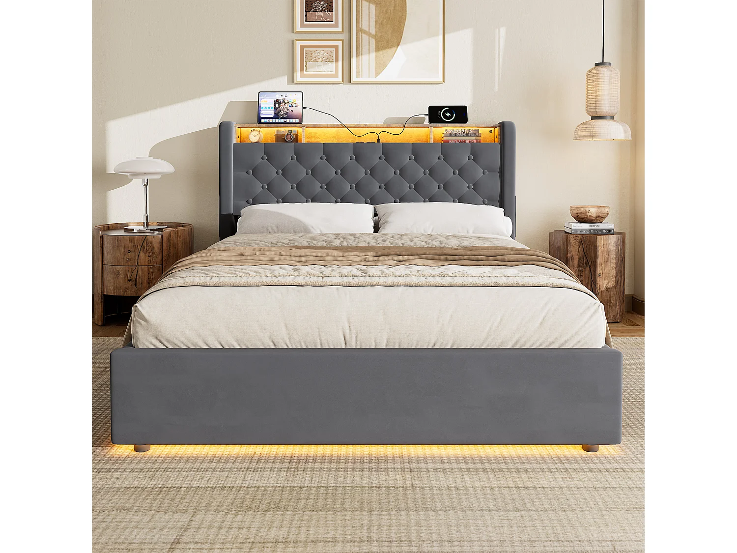 Lit coffre 140x200 cm avec éclairage LED, tête de lit avec rangement et sommier à lattes, en velours gris foncé, sans matelas