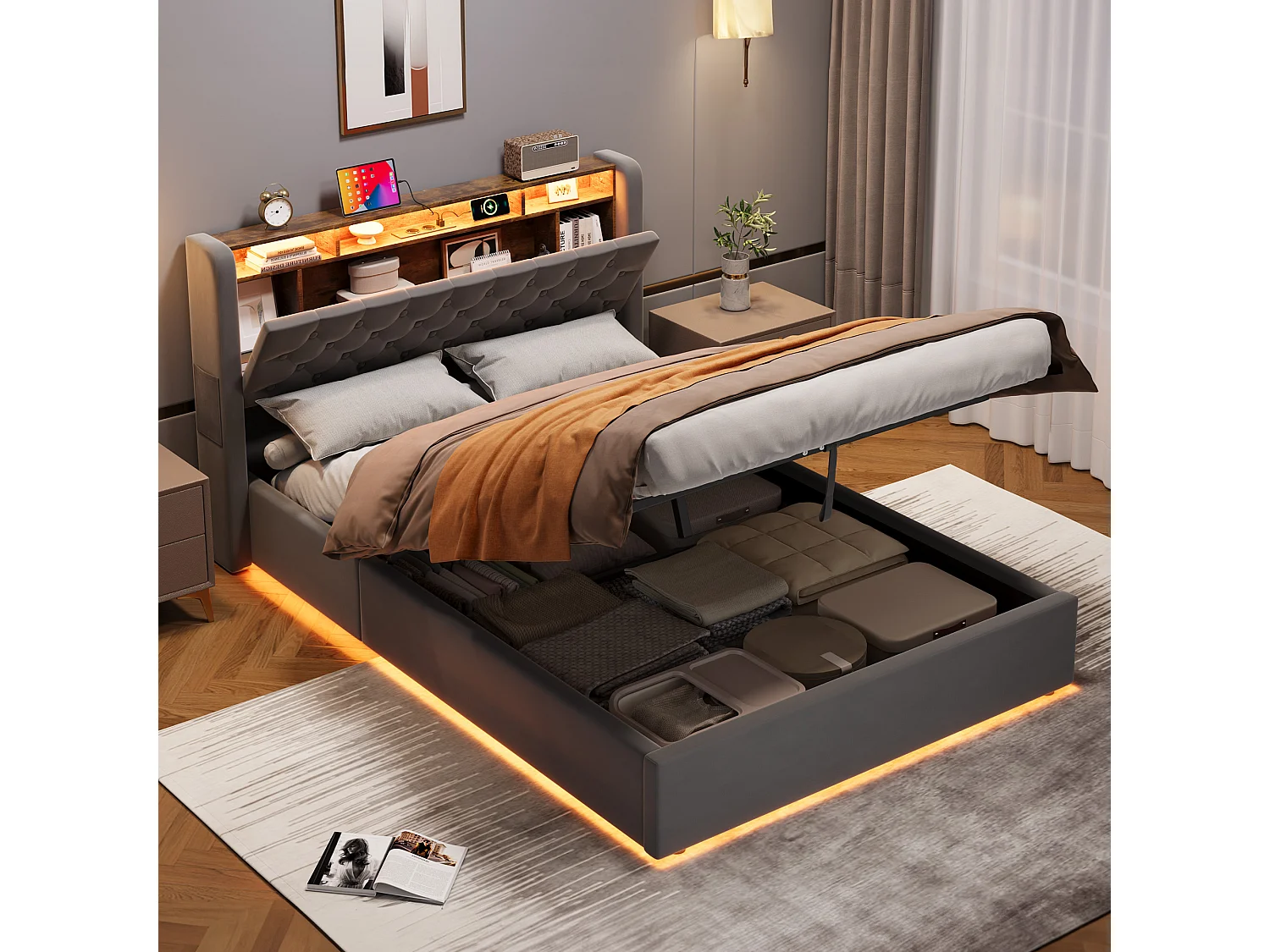 Lit coffre 140x200 cm avec éclairage LED, tête de lit avec rangement et sommier à lattes, en velours gris foncé, sans matelas