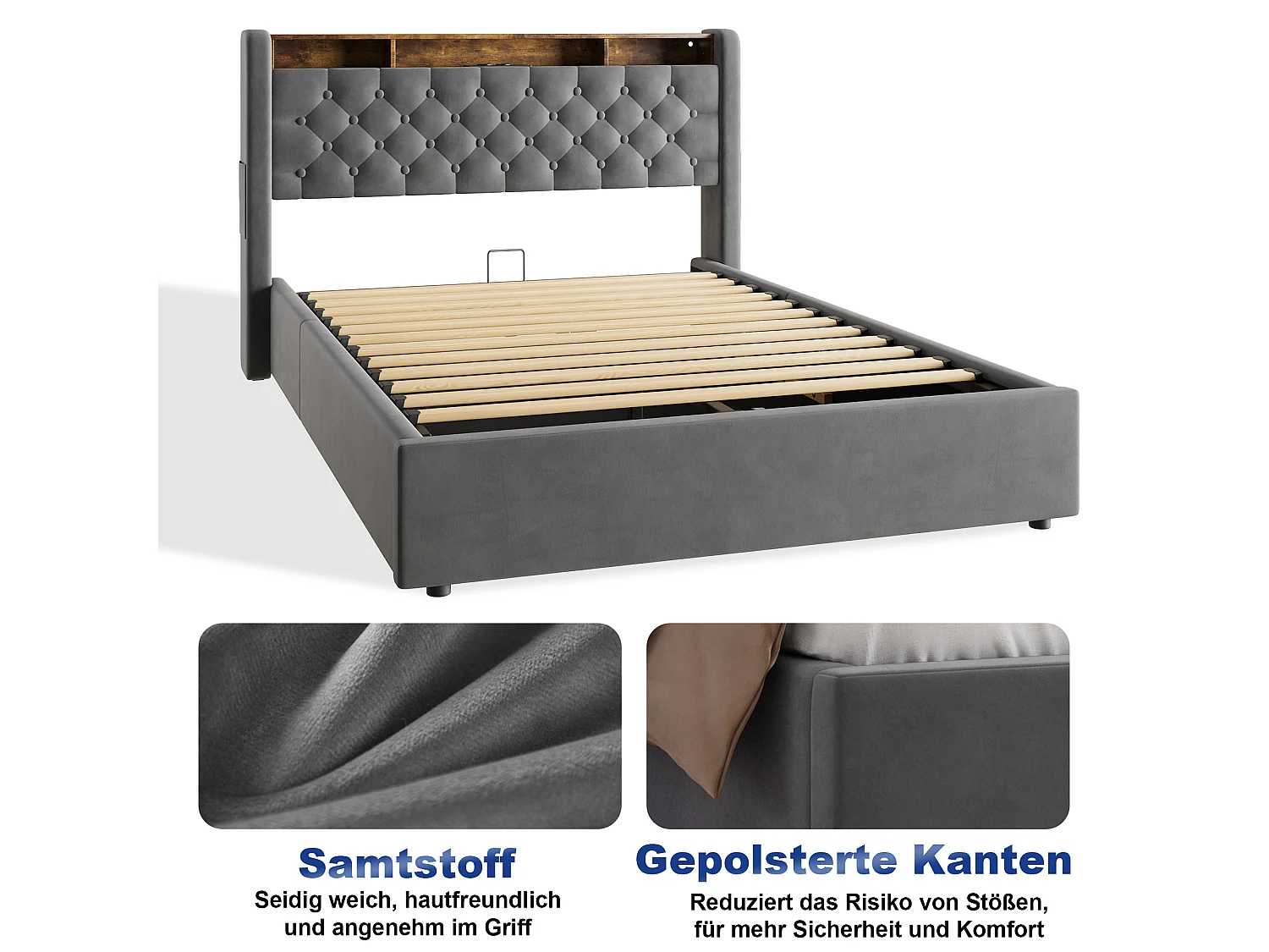 Lit coffre 140x200 cm avec éclairage LED, tête de lit avec rangement et sommier à lattes, en velours gris foncé, sans matelas