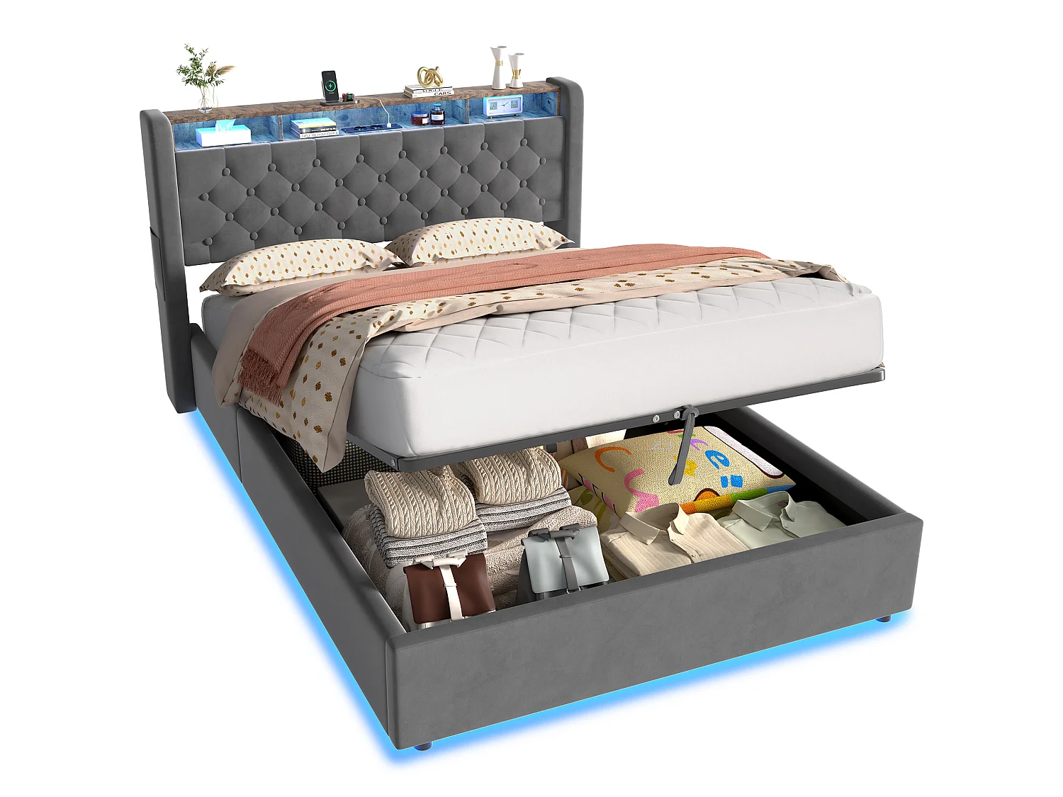 Lit coffre 140x200 cm avec éclairage LED, tête de lit avec rangement et sommier à lattes, en velours gris foncé, sans matelas