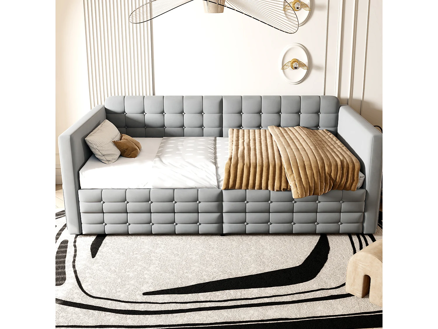 Lit banquette enfant 90x190 cm en velours gris avec 2 tiroirs de rangement et poches latérales, sans matelas