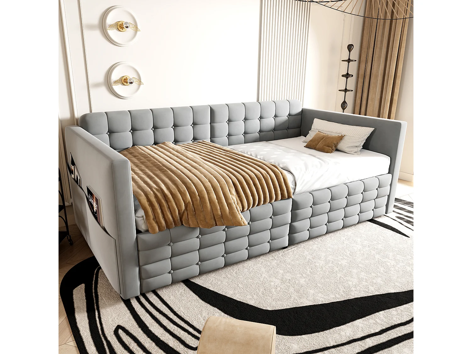 Lit banquette enfant 90x190 cm en velours gris avec 2 tiroirs de rangement et poches latérales, sans matelas