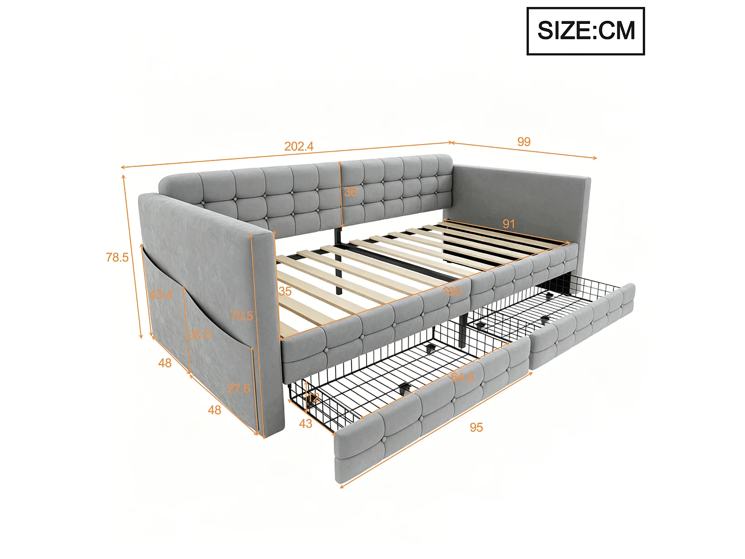 Lit banquette enfant 90x190 cm en velours gris avec 2 tiroirs de rangement et poches latérales, sans matelas