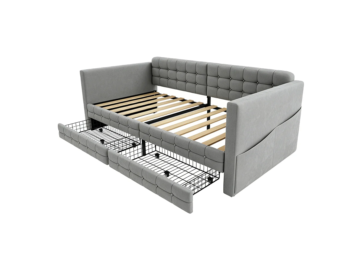 Lit banquette enfant 90x190 cm en velours gris avec 2 tiroirs de rangement et poches latérales, sans matelas