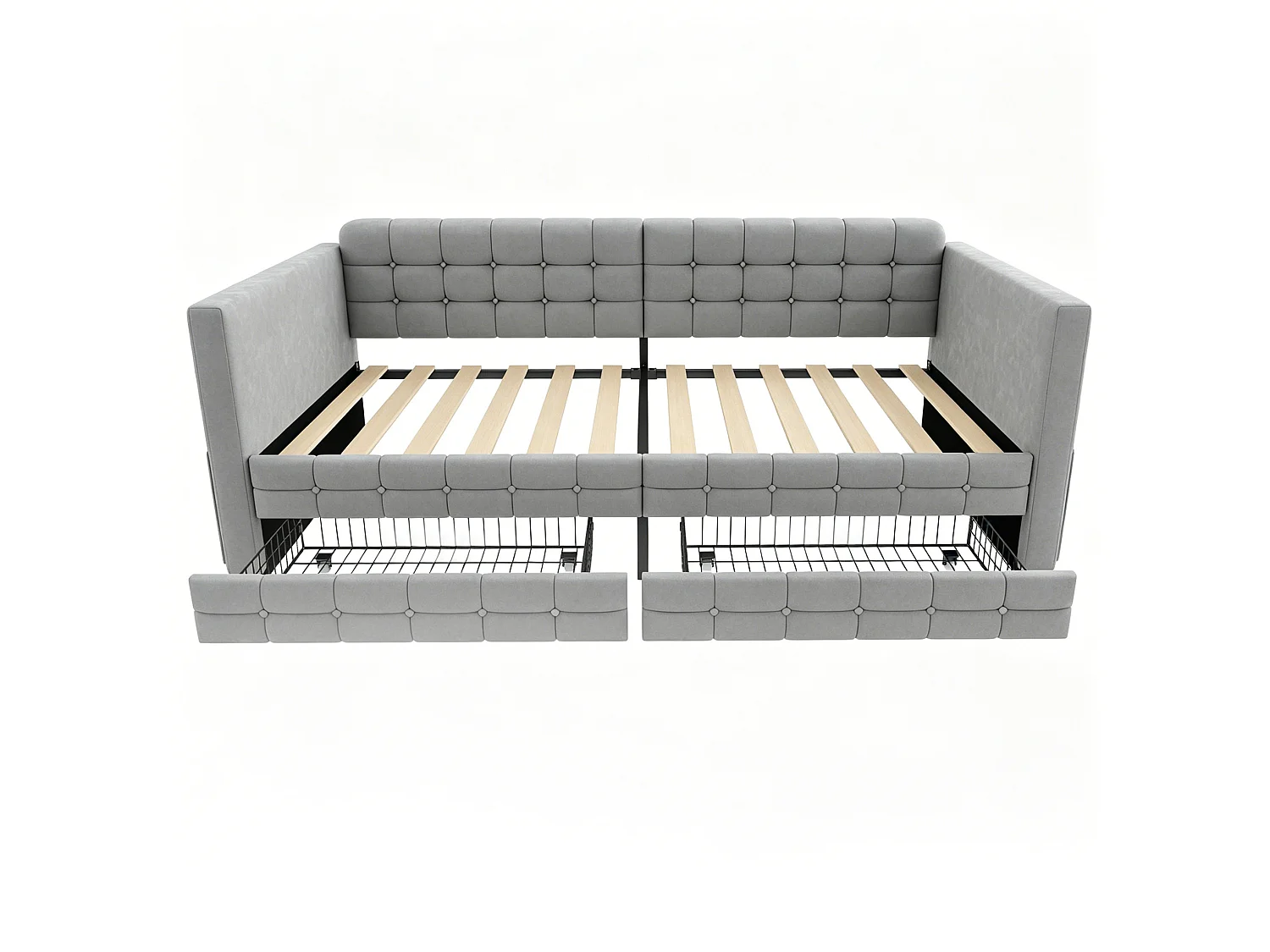 Lit banquette enfant 90x190 cm en velours gris avec 2 tiroirs de rangement et poches latérales, sans matelas