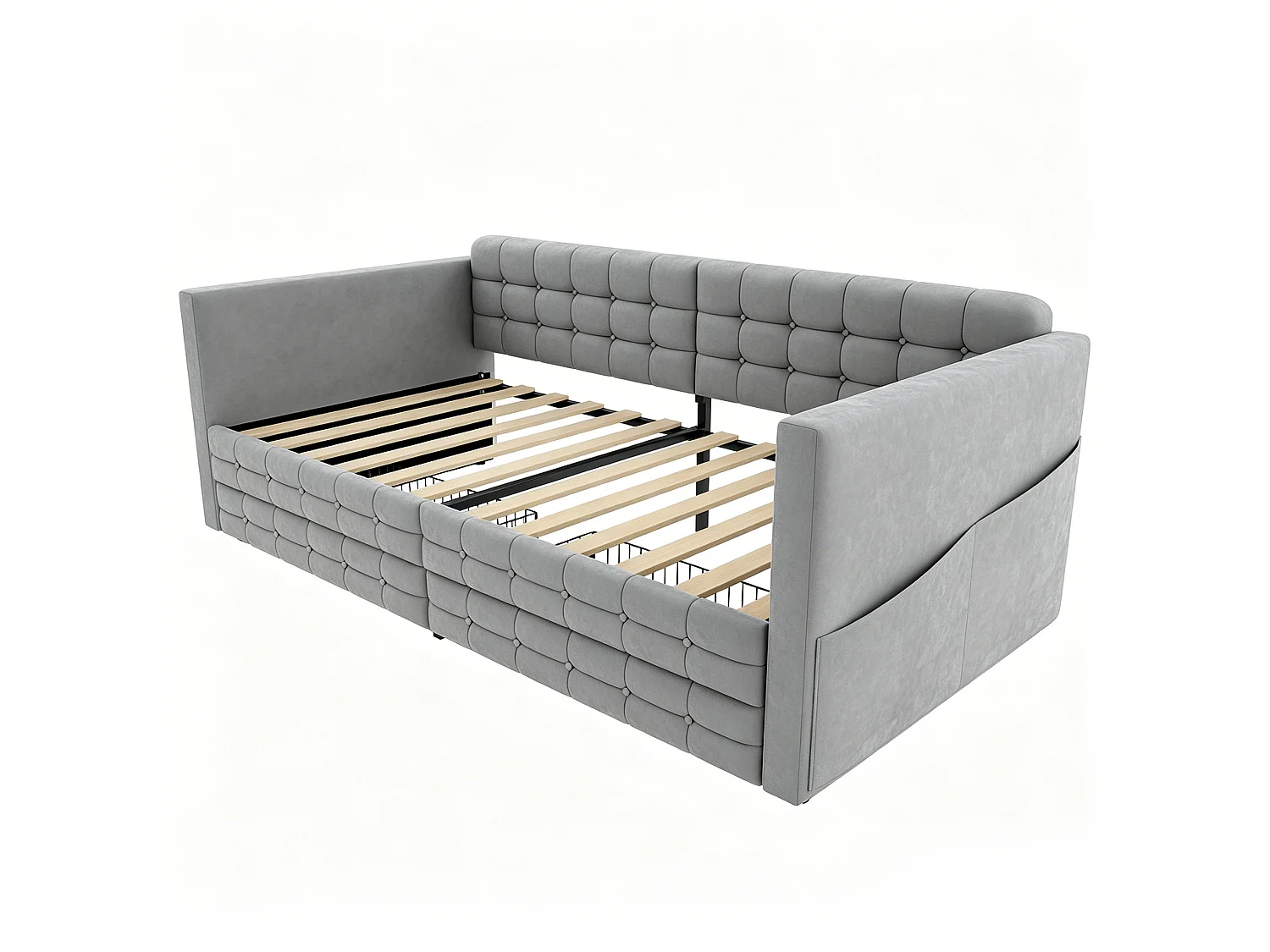 Lit banquette enfant 90x190 cm en velours gris avec 2 tiroirs de rangement et poches latérales, sans matelas
