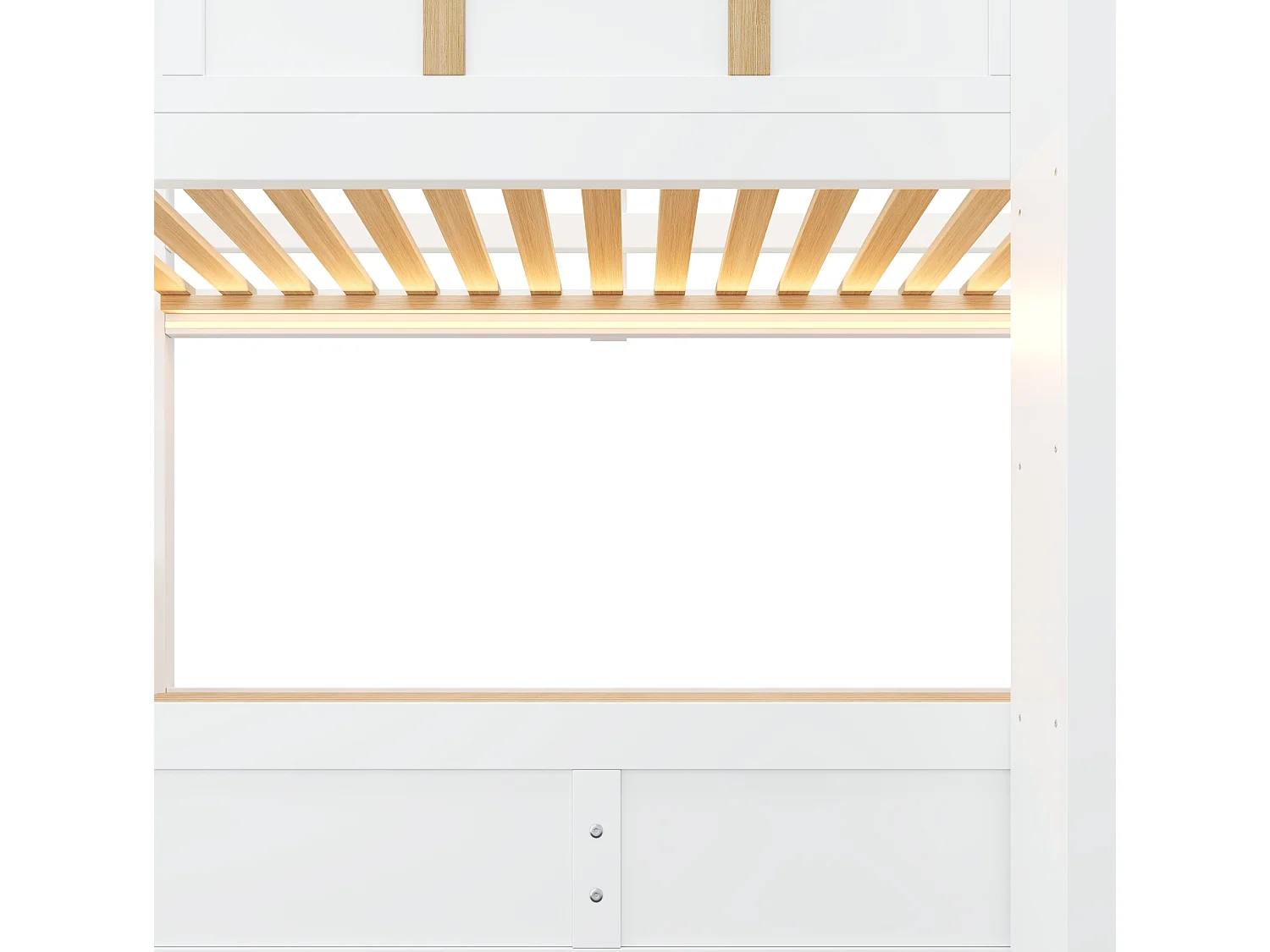 Łóżko piętrowe dziecięce 90x200 cm białe drewniane, schody magazynowe, LED, hydrauliczny mechanizm magazynowania, bez materaca