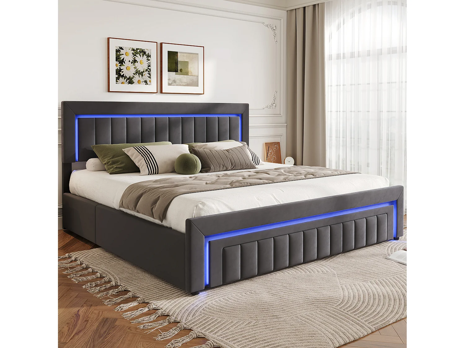 Lit coffre 180x200 cm avec tiroir, éclairage LED et sommier à lattes, en velours gris foncé, sans matelas