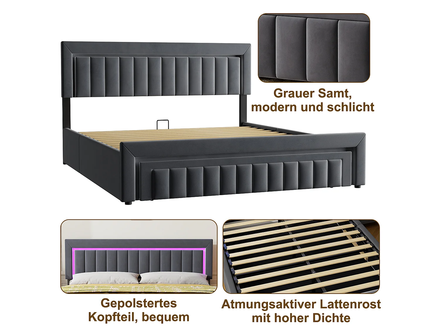 Lit coffre 180x200 cm avec tiroir, éclairage LED et sommier à lattes, en velours gris foncé, sans matelas