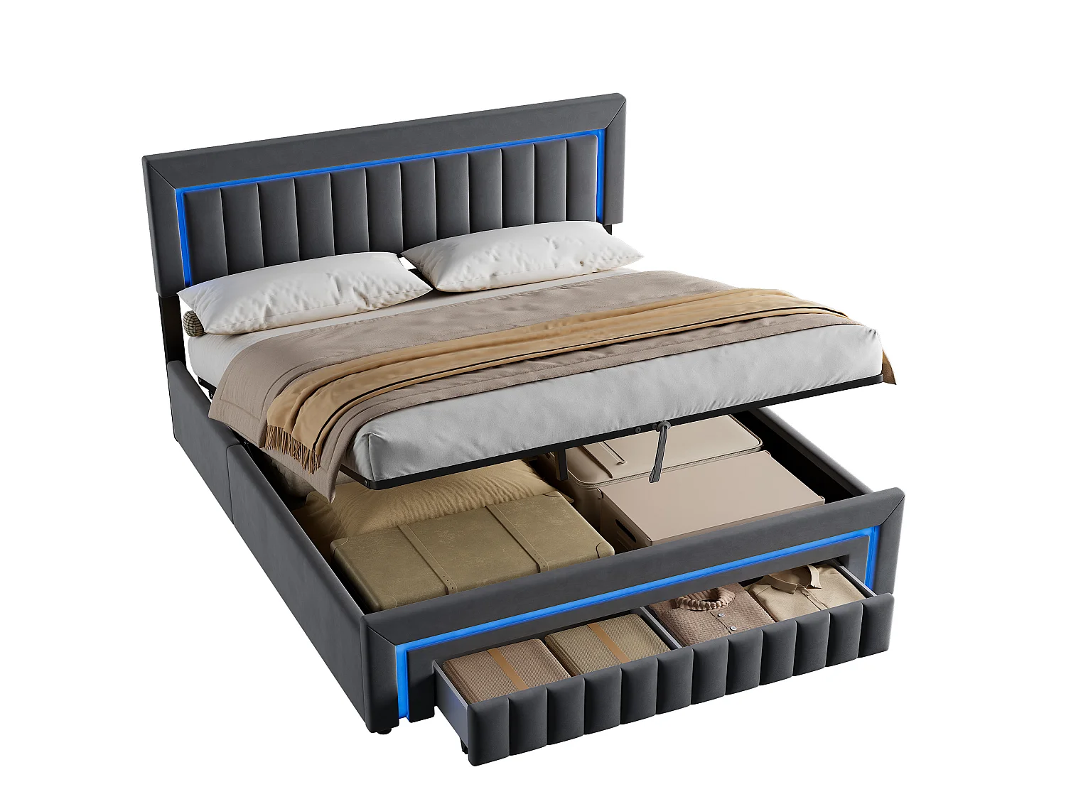 Lit coffre 180x200 cm avec tiroir, éclairage LED et sommier à lattes, en velours gris foncé, sans matelas