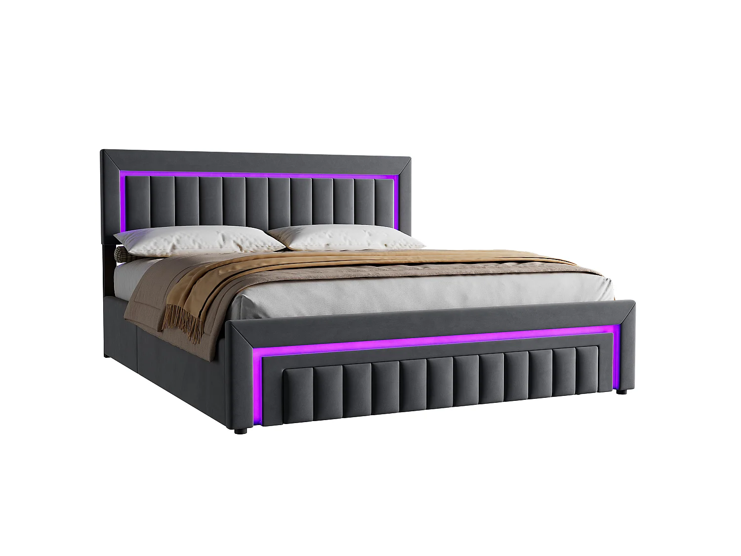 Lit coffre 180x200 cm avec tiroir, éclairage LED et sommier à lattes, en velours gris foncé, sans matelas