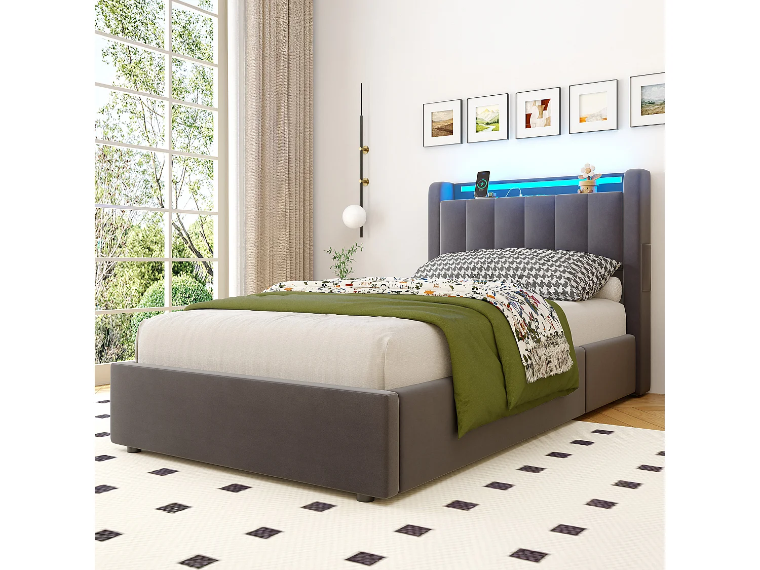 Lit coffre 90x200 cm avec LED, USB, rangement hydraulique et sommier à lattes, en velours gris foncé, sans matelas