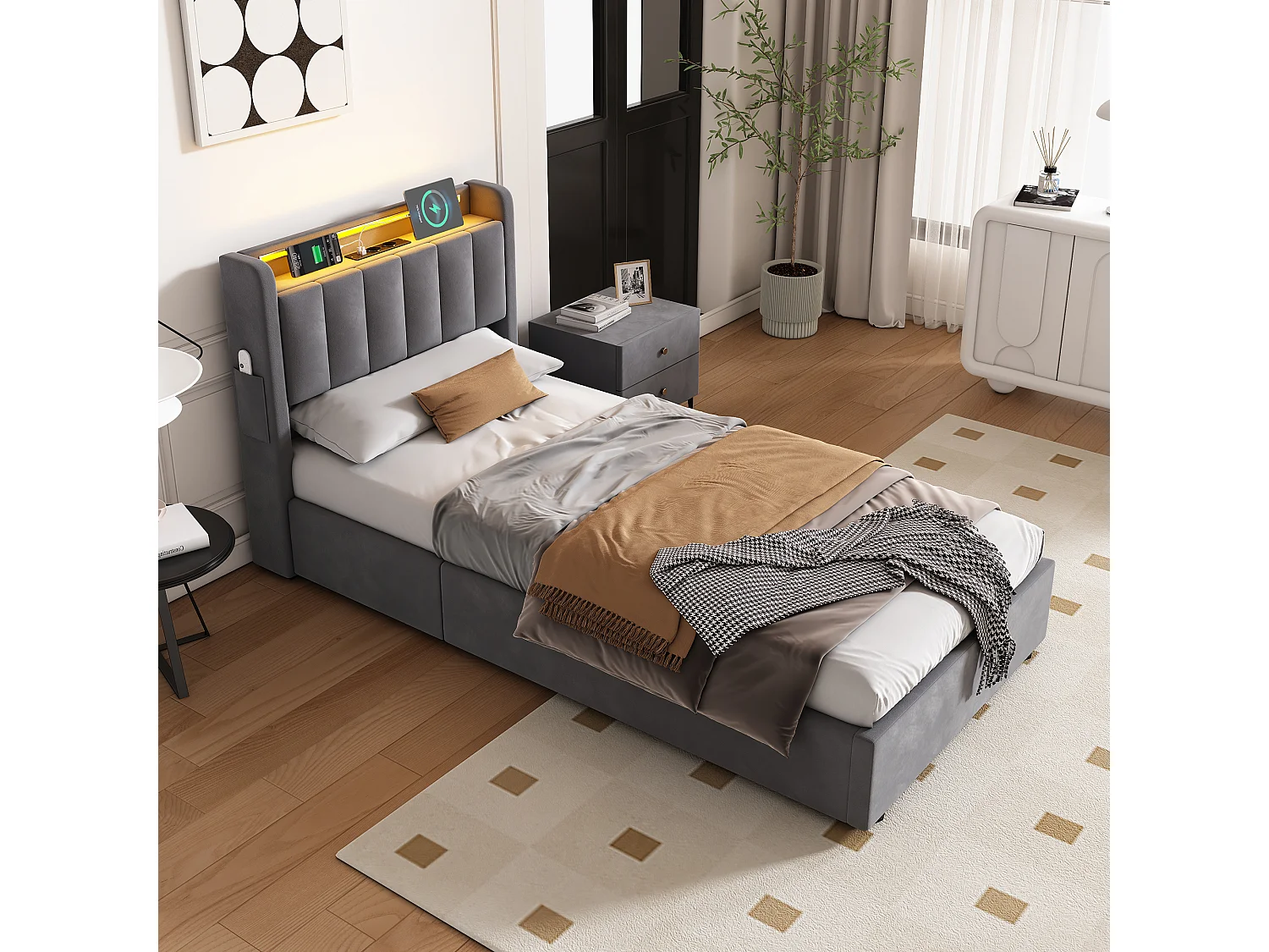 Lit coffre 90x200 cm avec LED, USB, rangement hydraulique et sommier à lattes, en velours gris foncé, sans matelas