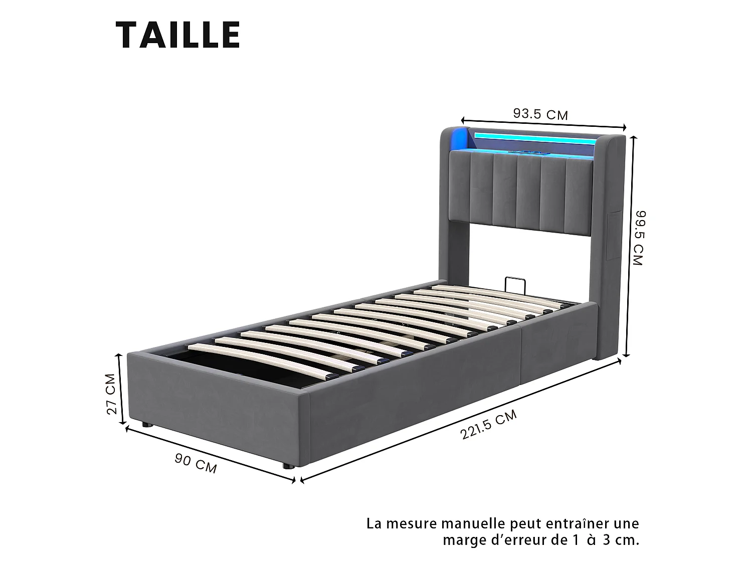 Lit coffre 90x200 cm avec LED, USB, rangement hydraulique et sommier à lattes, en velours gris foncé, sans matelas