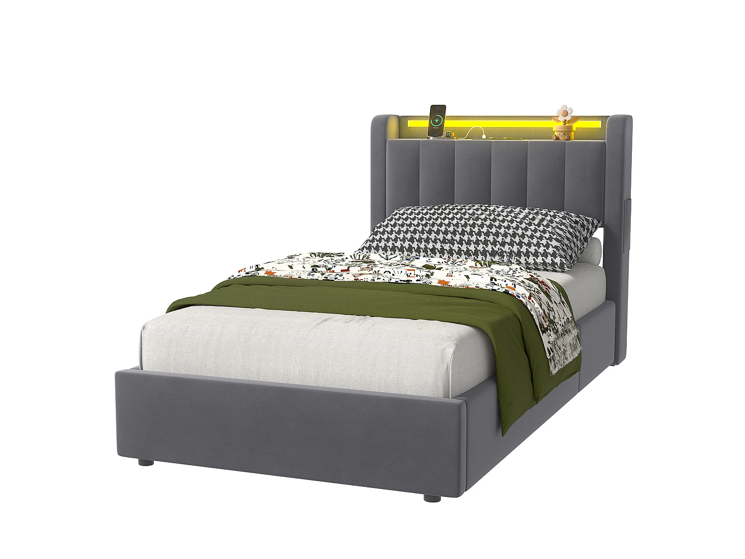 Lit coffre 90x200 cm avec LED, USB, rangement hydraulique et sommier à lattes, en velours gris foncé, sans matelas