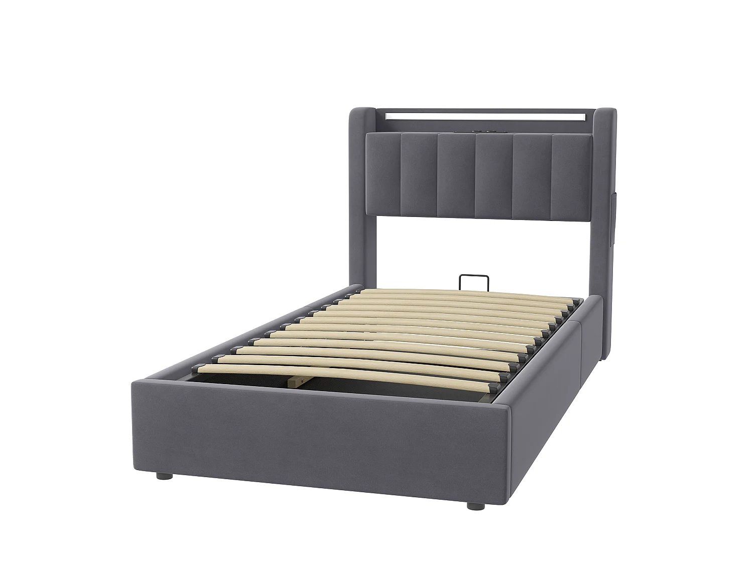 Lit coffre 90x200 cm avec LED, USB, rangement hydraulique et sommier à lattes, en velours gris foncé, sans matelas