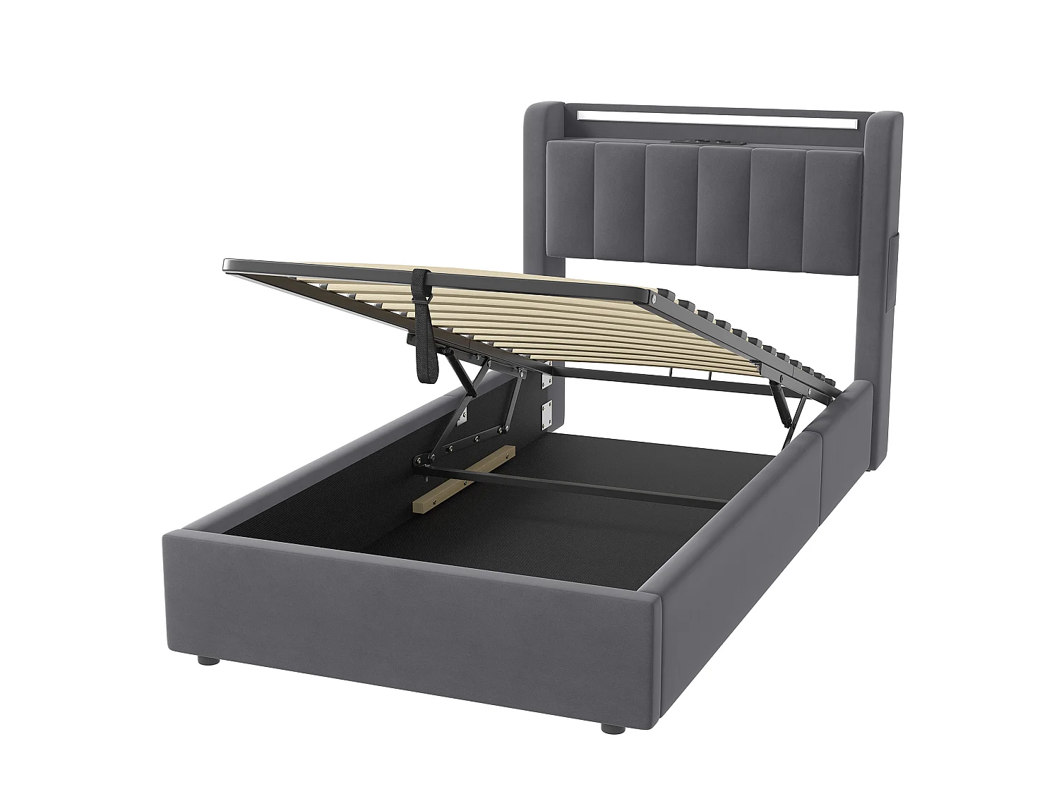 Lit coffre 90x200 cm avec LED, USB, rangement hydraulique et sommier à lattes, en velours gris foncé, sans matelas