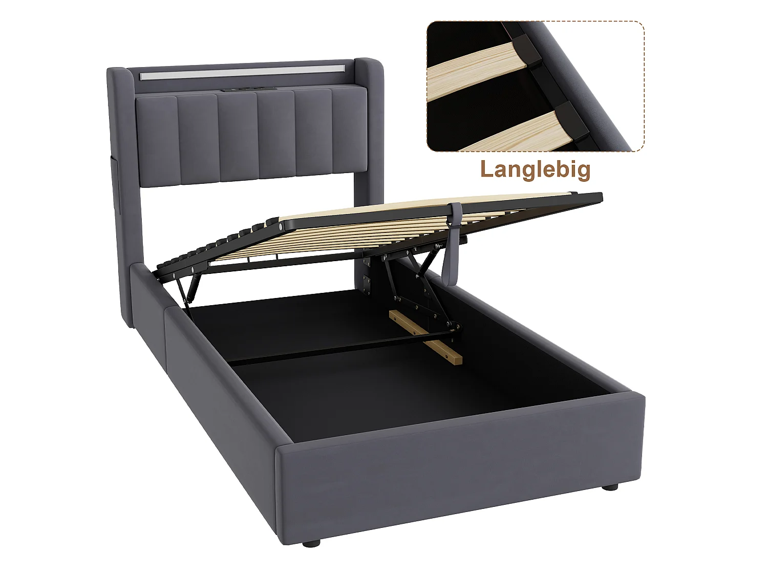 Lit coffre 90x200 cm avec LED, USB, rangement hydraulique et sommier à lattes, en velours gris foncé, sans matelas