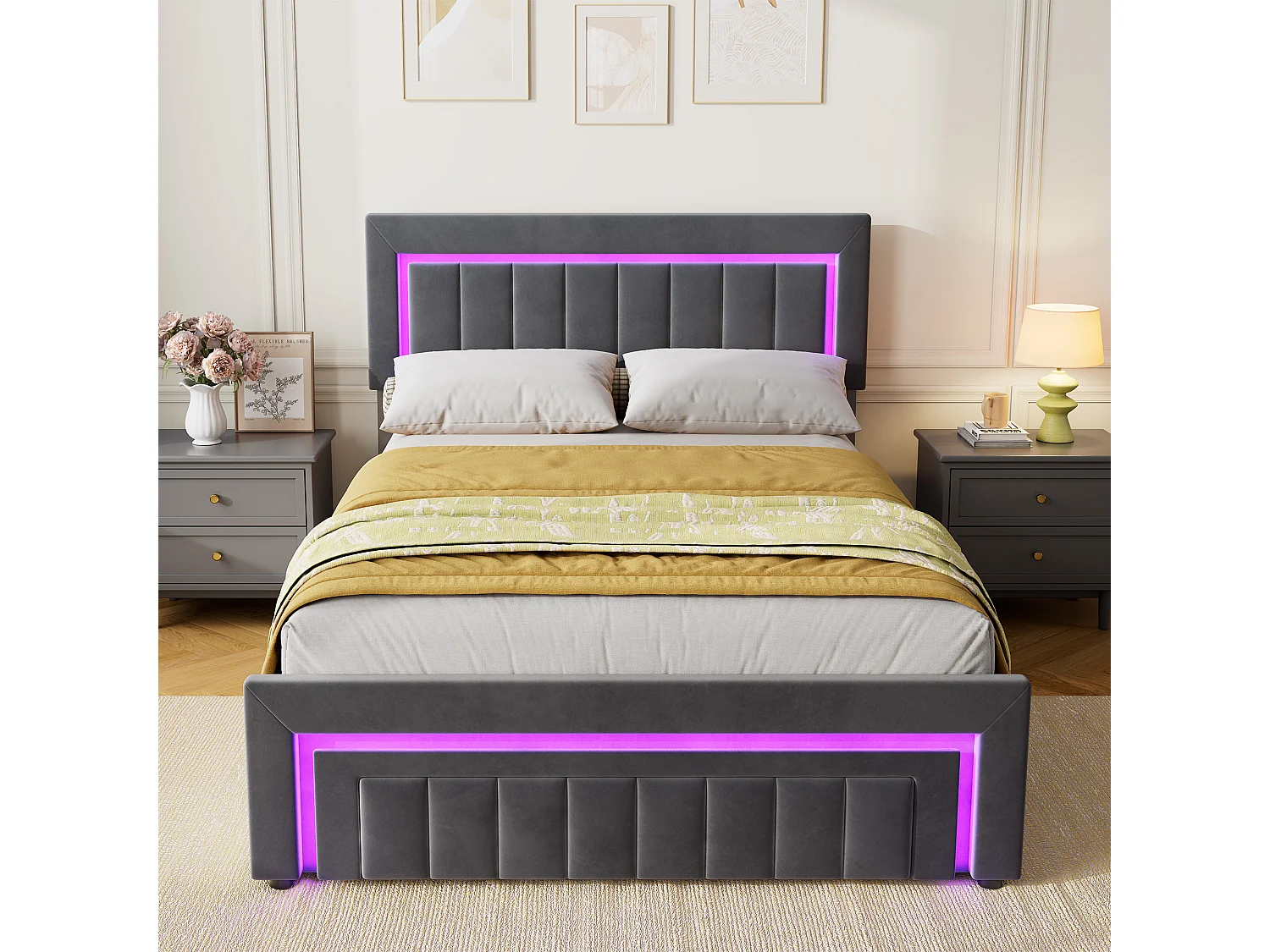 Lit coffre 140x200 cm avec tiroir, éclairage LED et sommier à lattes, en velours gris foncé, sans matelas