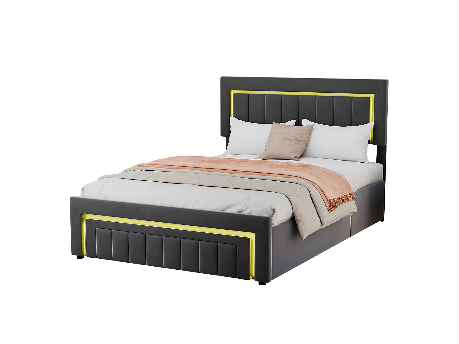 Lit coffre 140x200 cm avec tiroir, éclairage LED et sommier à lattes, en velours gris foncé, sans matelas