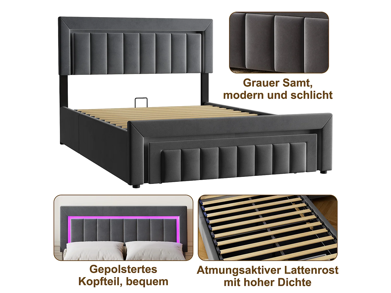 Lit coffre 140x200 cm avec tiroir, éclairage LED et sommier à lattes, en velours gris foncé, sans matelas
