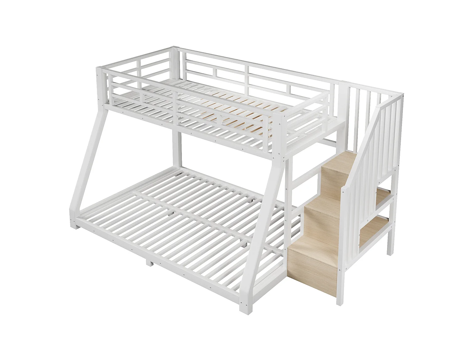 Łóżko piętrowe 90x200/140x200 cm białe metalowe, zintegrowane schody, 3 miejsca magazynowe, oświetlenie LED, bez materaca