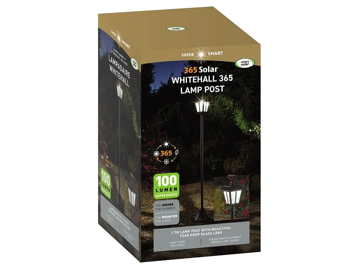 SMART SOLAR Lanterne 365 - Lampadaire solaire 170 cm, 100 lm, LED blanc froid