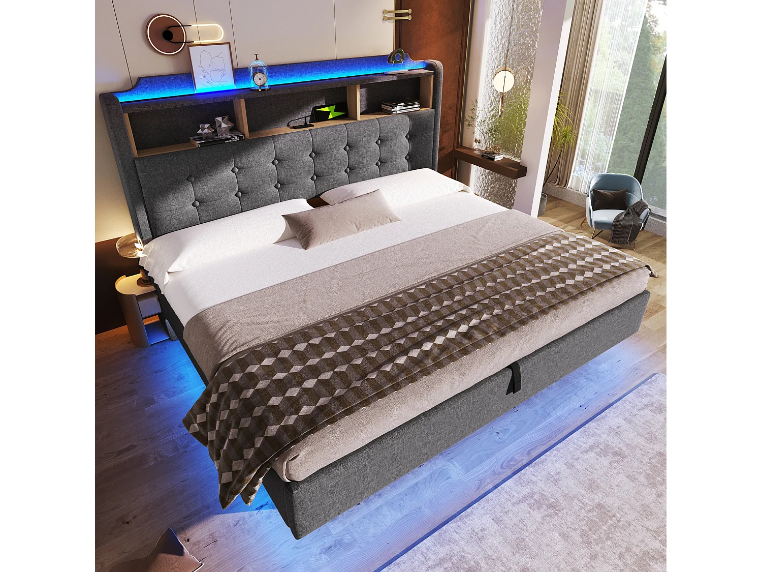 Hängande förvaringssäng 180x200 cm i grå linne, förvaring i sänggaveln, LED‑belysning, USB‑ och Type‑C‑portar, utan madrass