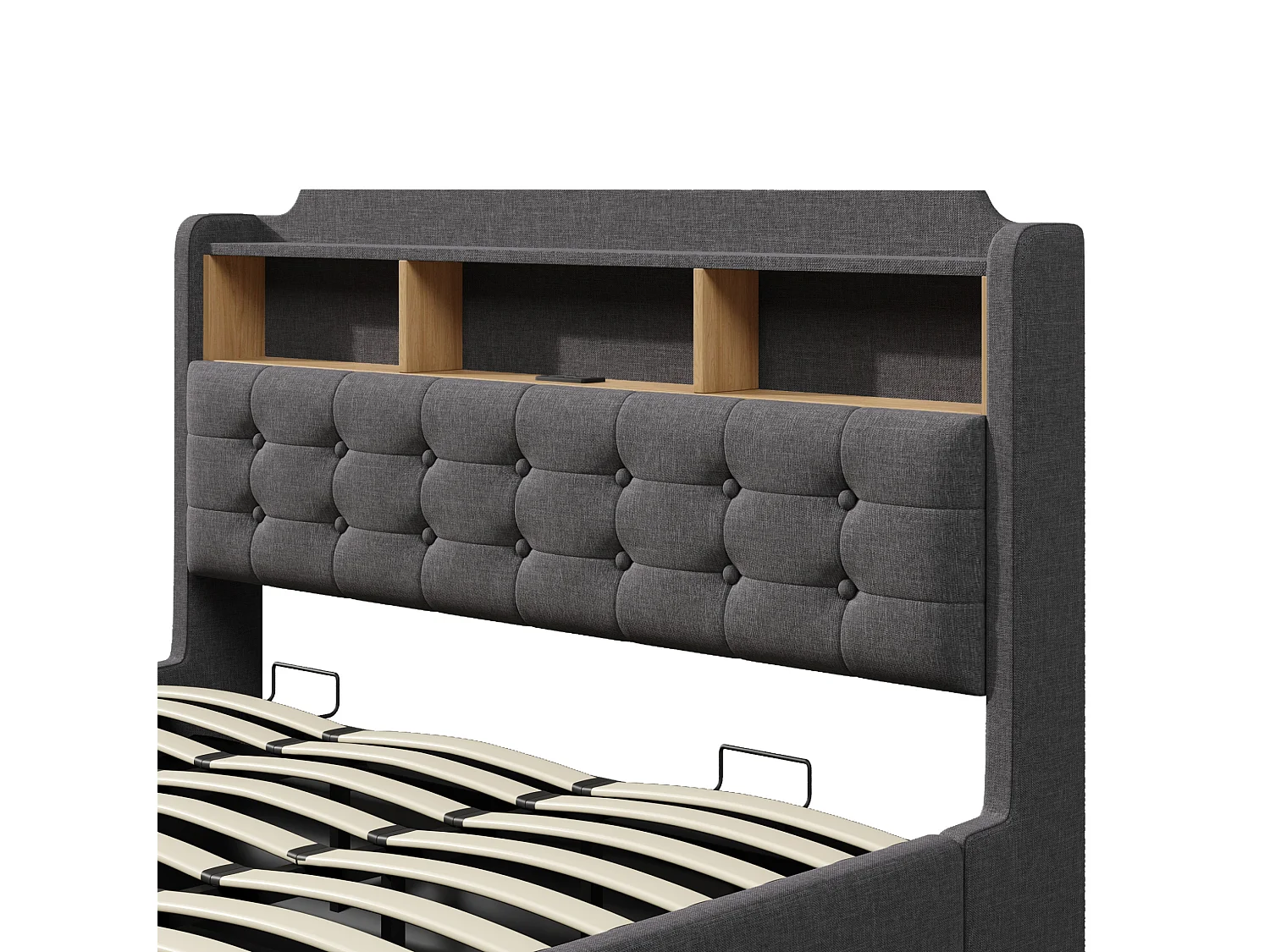 Hängande förvaringssäng 180x200 cm i grå linne, förvaring i sänggaveln, LED‑belysning, USB‑ och Type‑C‑portar, utan madrass