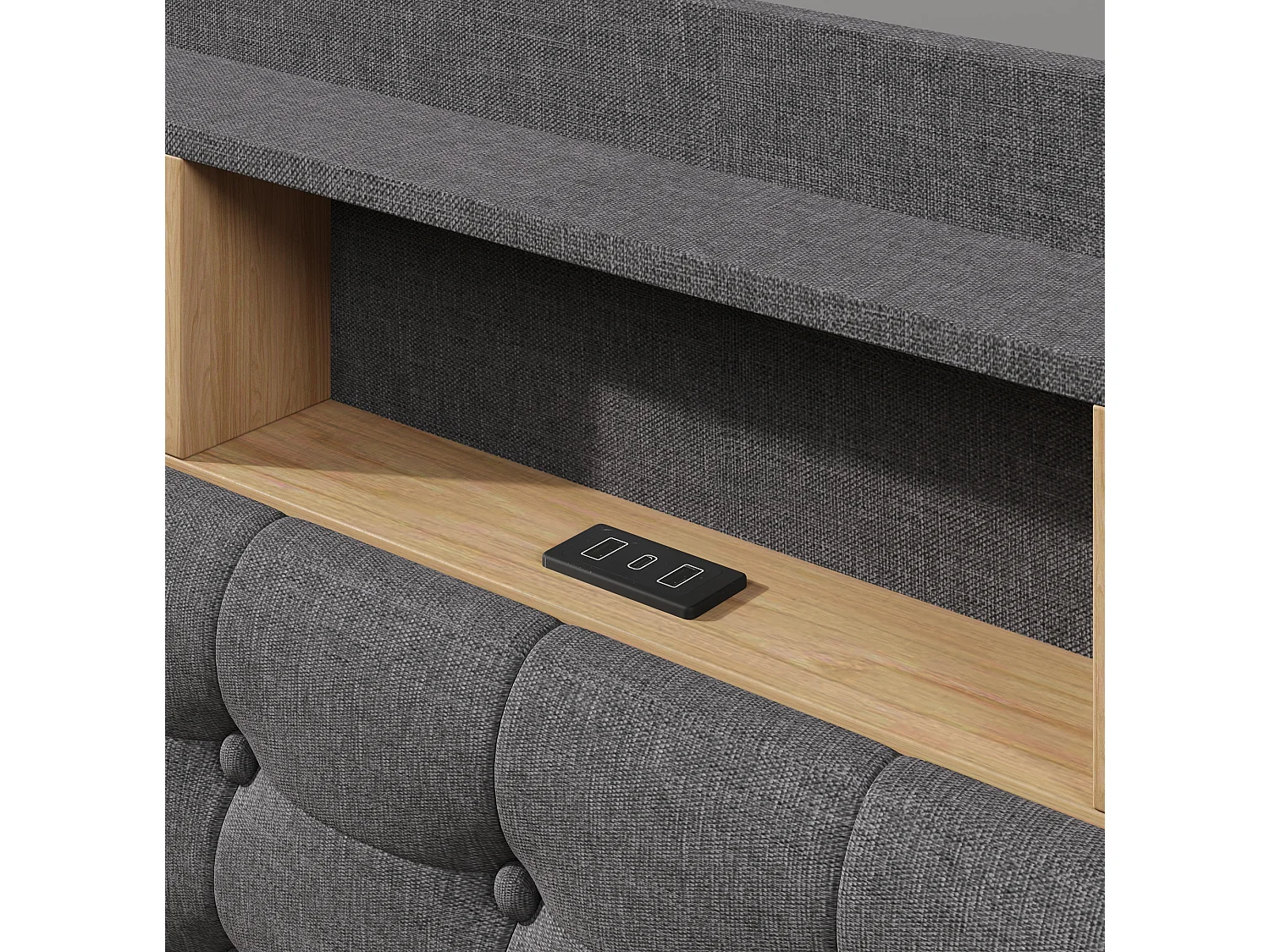 Hängande förvaringssäng 180x200 cm i grå linne, förvaring i sänggaveln, LED‑belysning, USB‑ och Type‑C‑portar, utan madrass