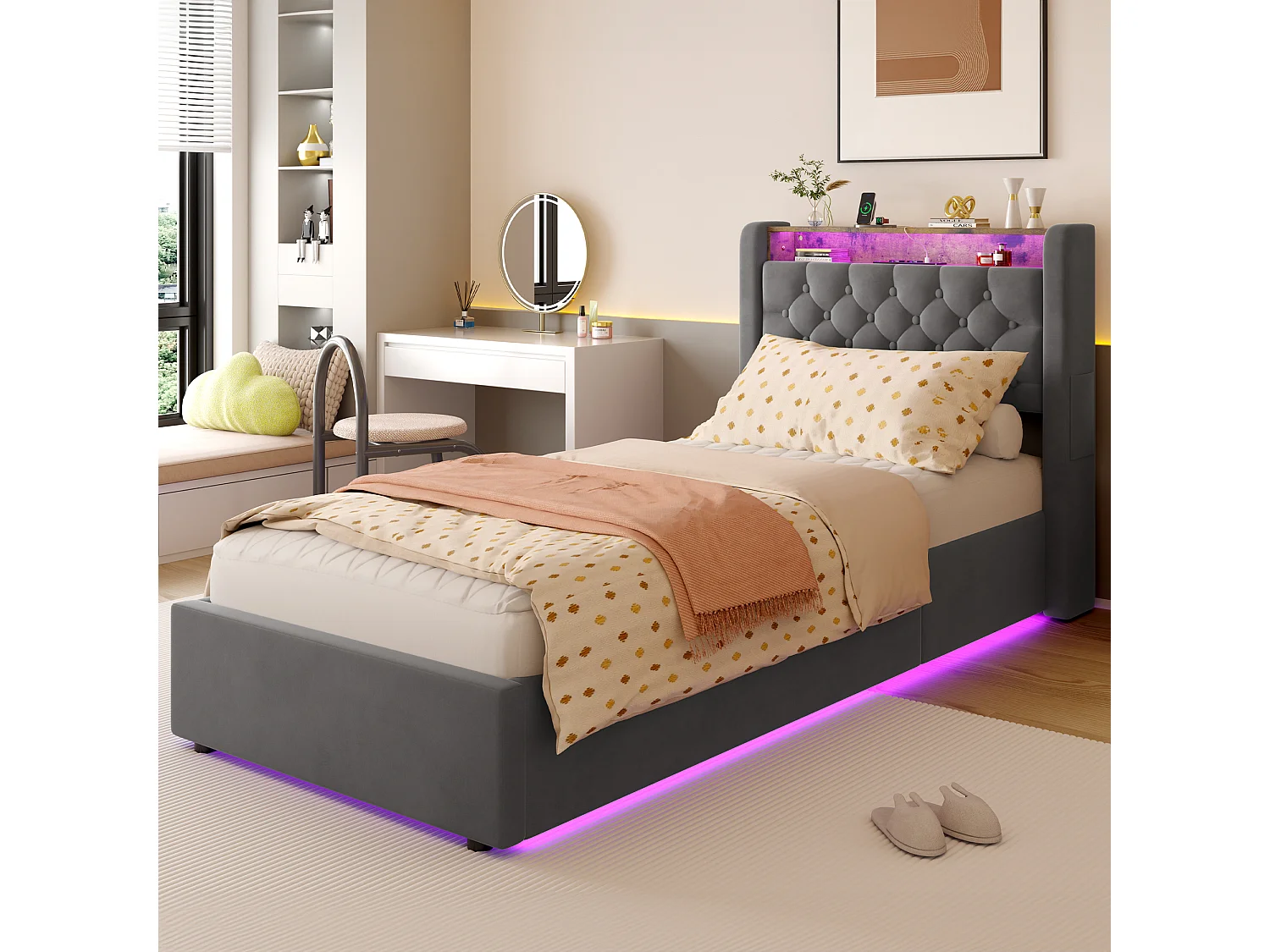 Lit coffre 90x200 cm avec éclairage LED, tête de lit avec rangement et sommier à lattes, en velours gris foncé, sans matelas