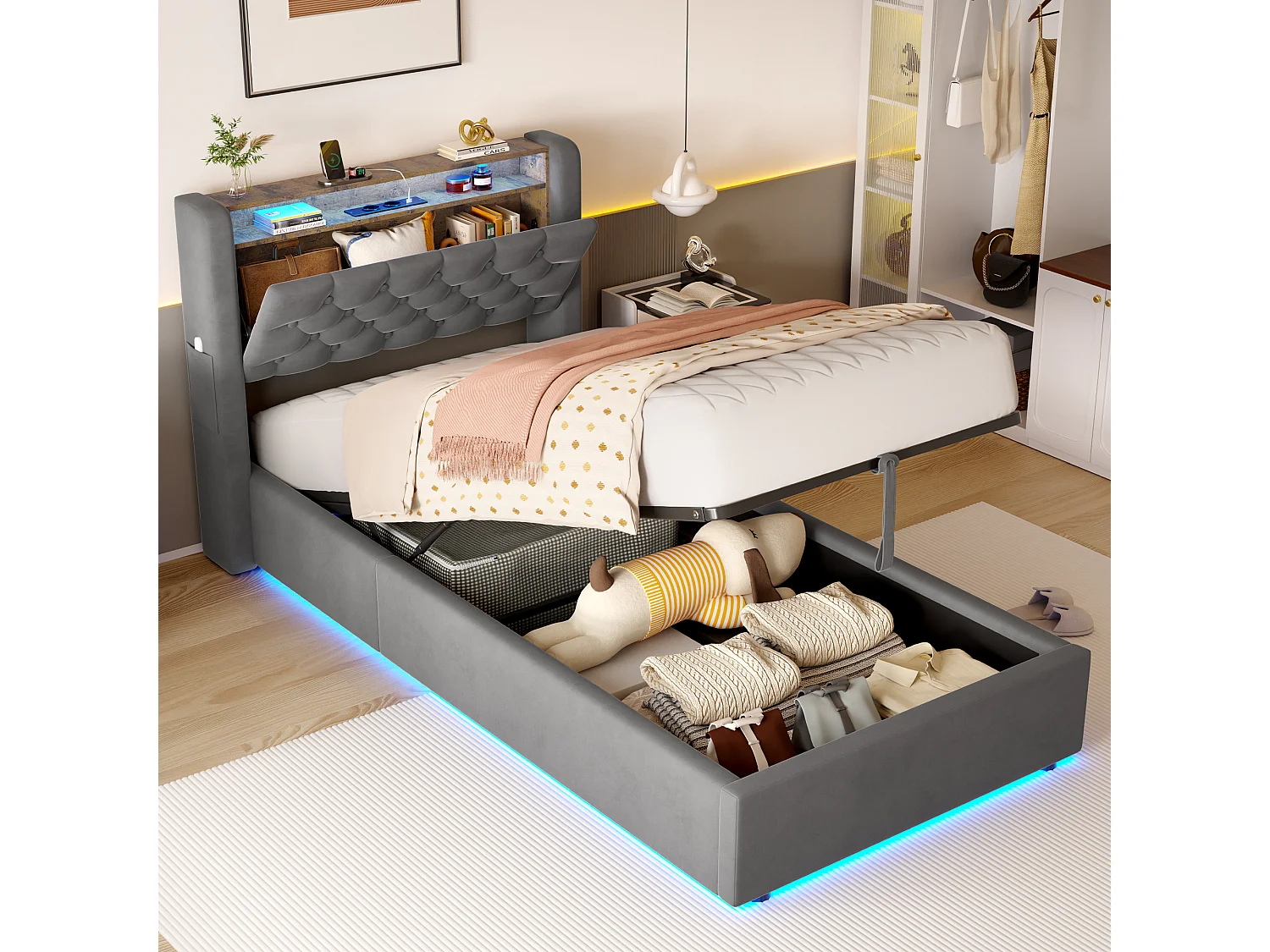 Lit coffre 90x200 cm avec éclairage LED, tête de lit avec rangement et sommier à lattes, en velours gris foncé, sans matelas