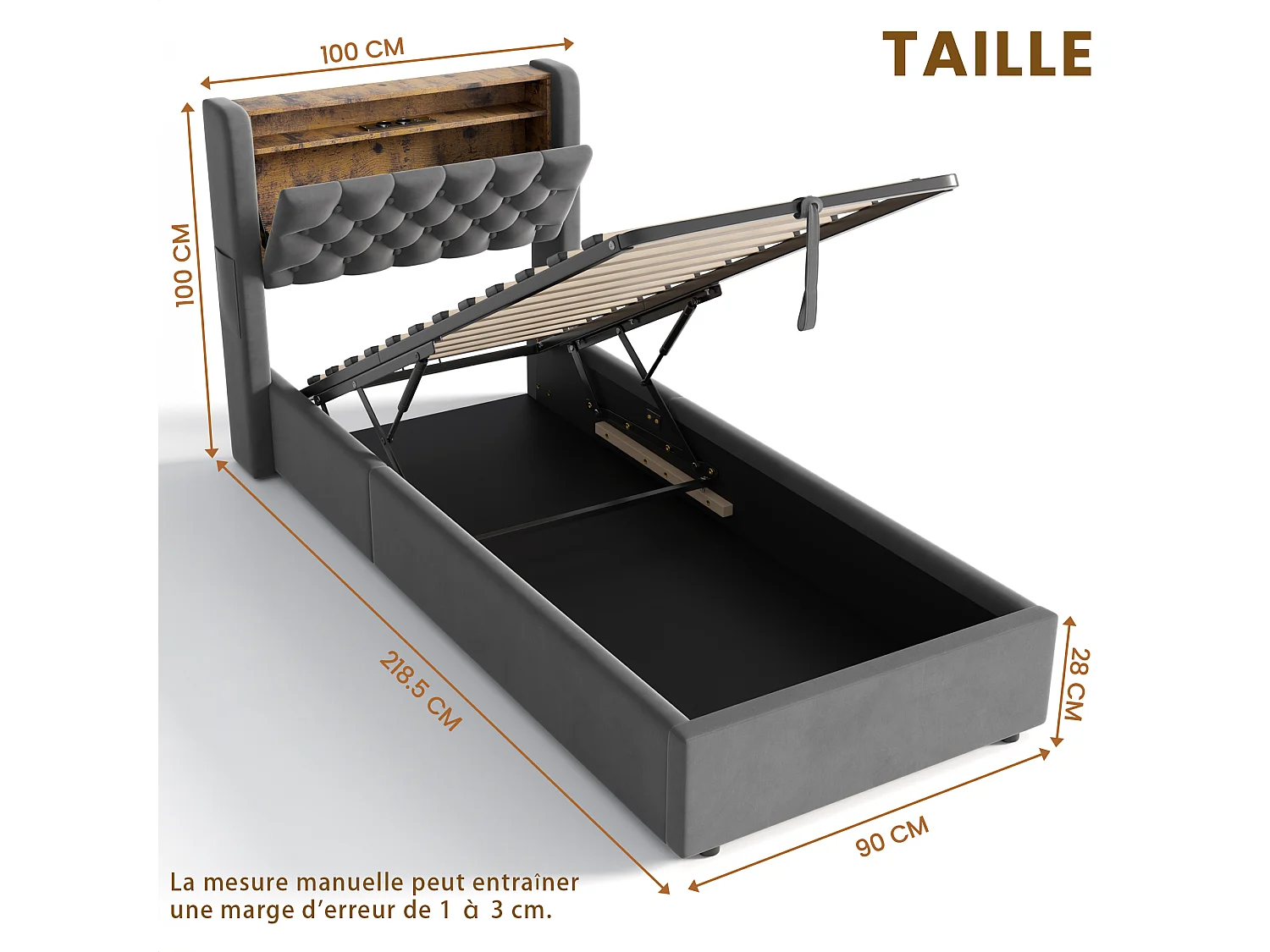 Lit coffre 90x200 cm avec éclairage LED, tête de lit avec rangement et sommier à lattes, en velours gris foncé, sans matelas