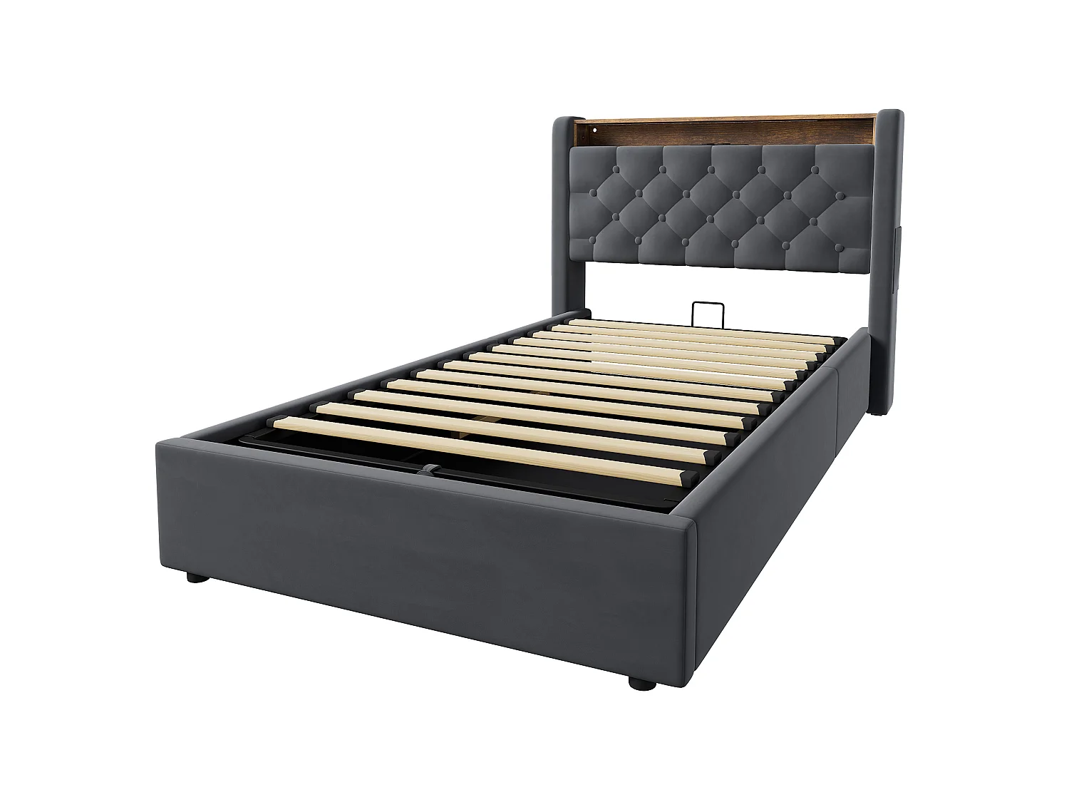 Lit coffre 90x200 cm avec éclairage LED, tête de lit avec rangement et sommier à lattes, en velours gris foncé, sans matelas
