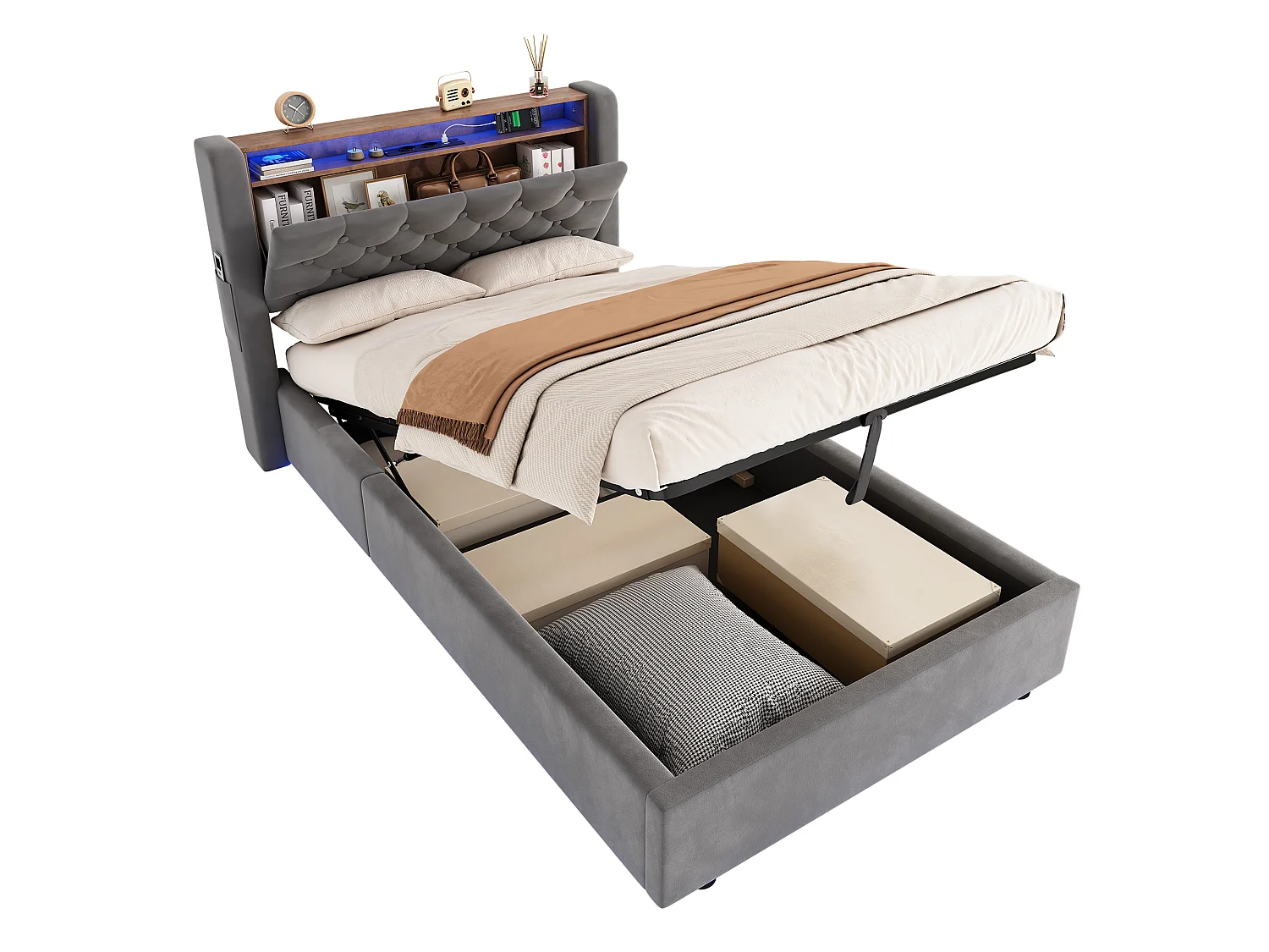 Lit coffre 90x200 cm avec éclairage LED, tête de lit avec rangement et sommier à lattes, en velours gris foncé, sans matelas