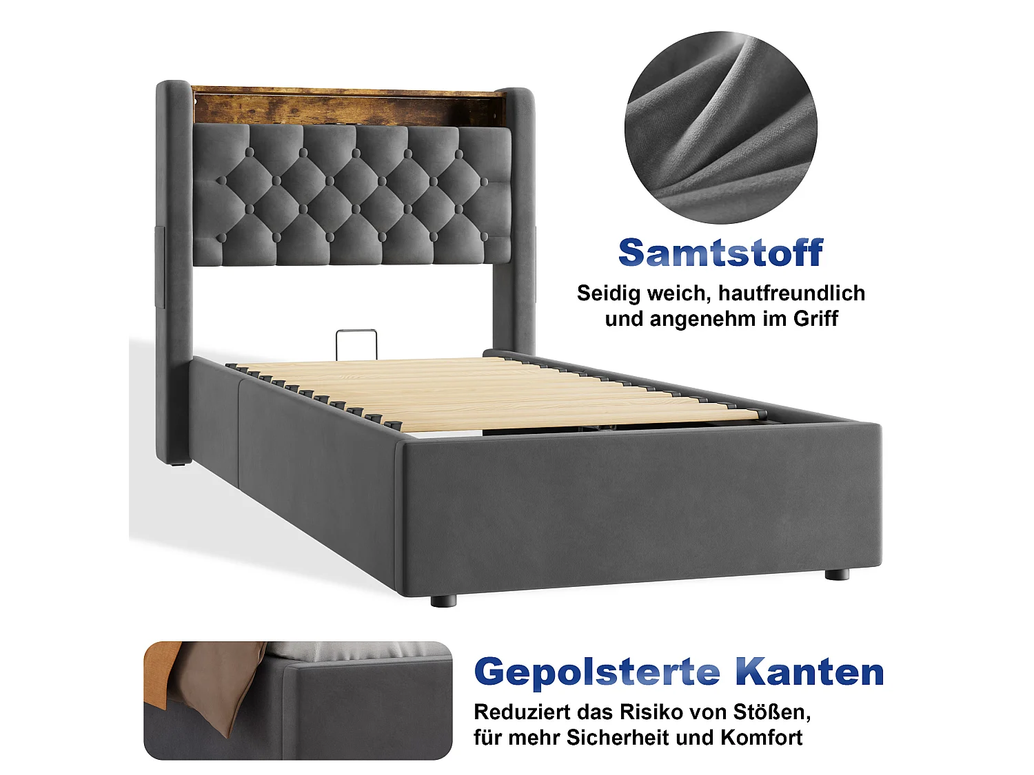 Lit coffre 90x200 cm avec éclairage LED, tête de lit avec rangement et sommier à lattes, en velours gris foncé, sans matelas