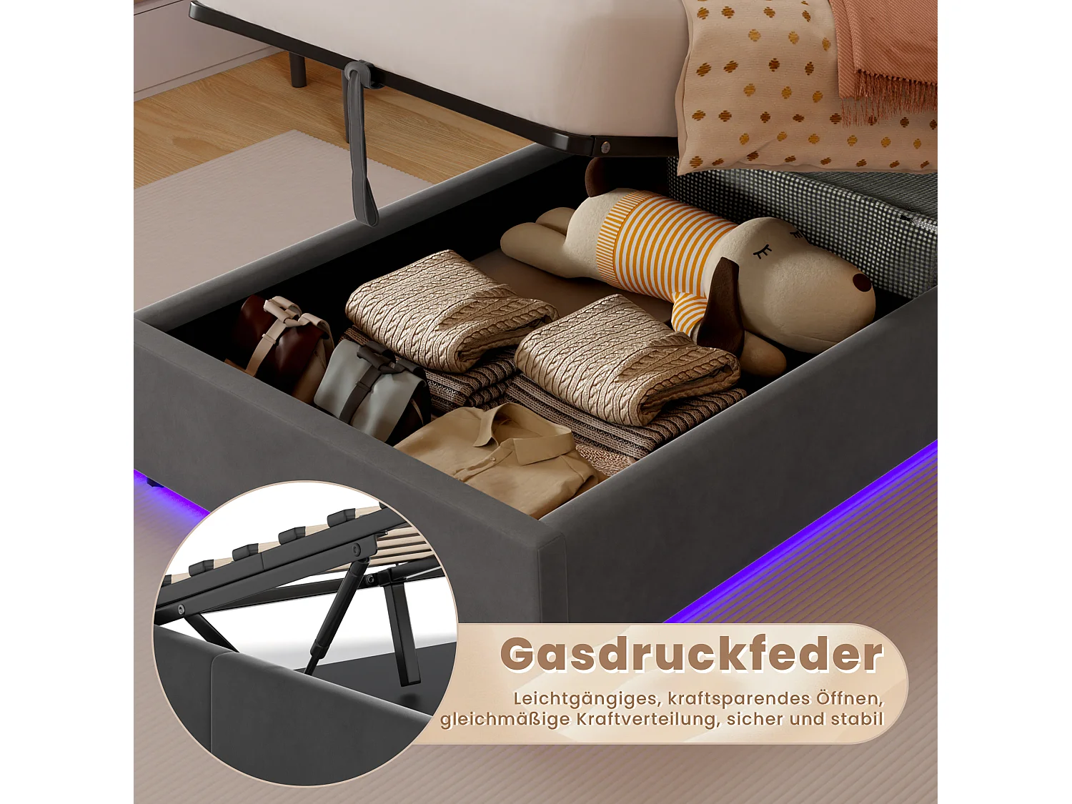 Lit coffre 90x200 cm avec éclairage LED, tête de lit avec rangement et sommier à lattes, en velours gris foncé, sans matelas
