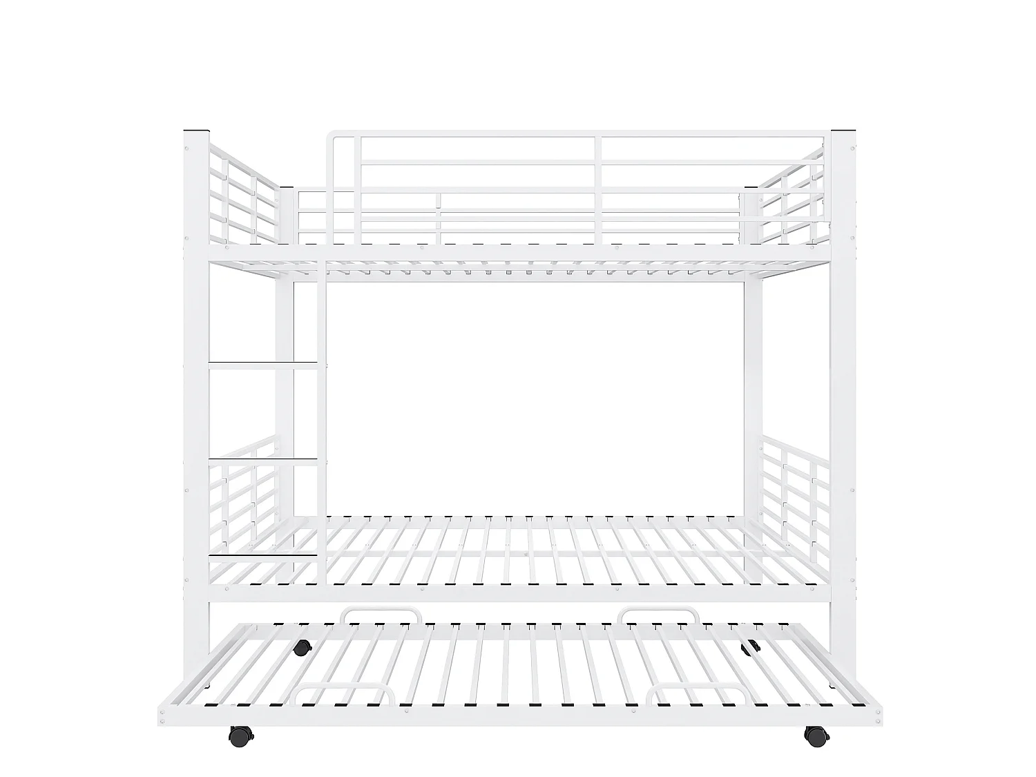 Łóżko piętrowe 140 x 200 cm z białego metalu z łóżkiem wysuwanym oraz bezpieczną barierką ochronną, bez materaca