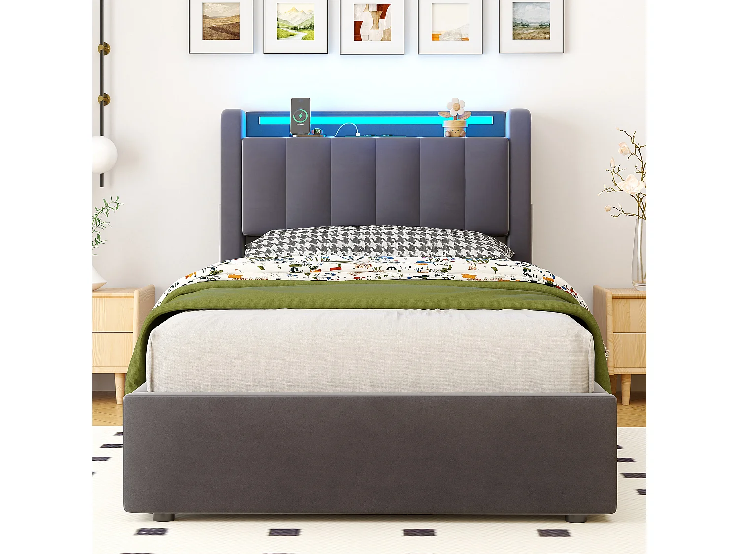 Lit coffre 90x190 cm avec LED, USB, rangement hydraulique et sommier à lattes, en velours gris foncé, sans matelas