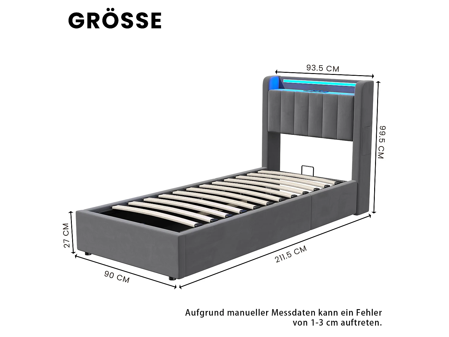 Lit coffre 90x190 cm avec LED, USB, rangement hydraulique et sommier à lattes, en velours gris foncé, sans matelas